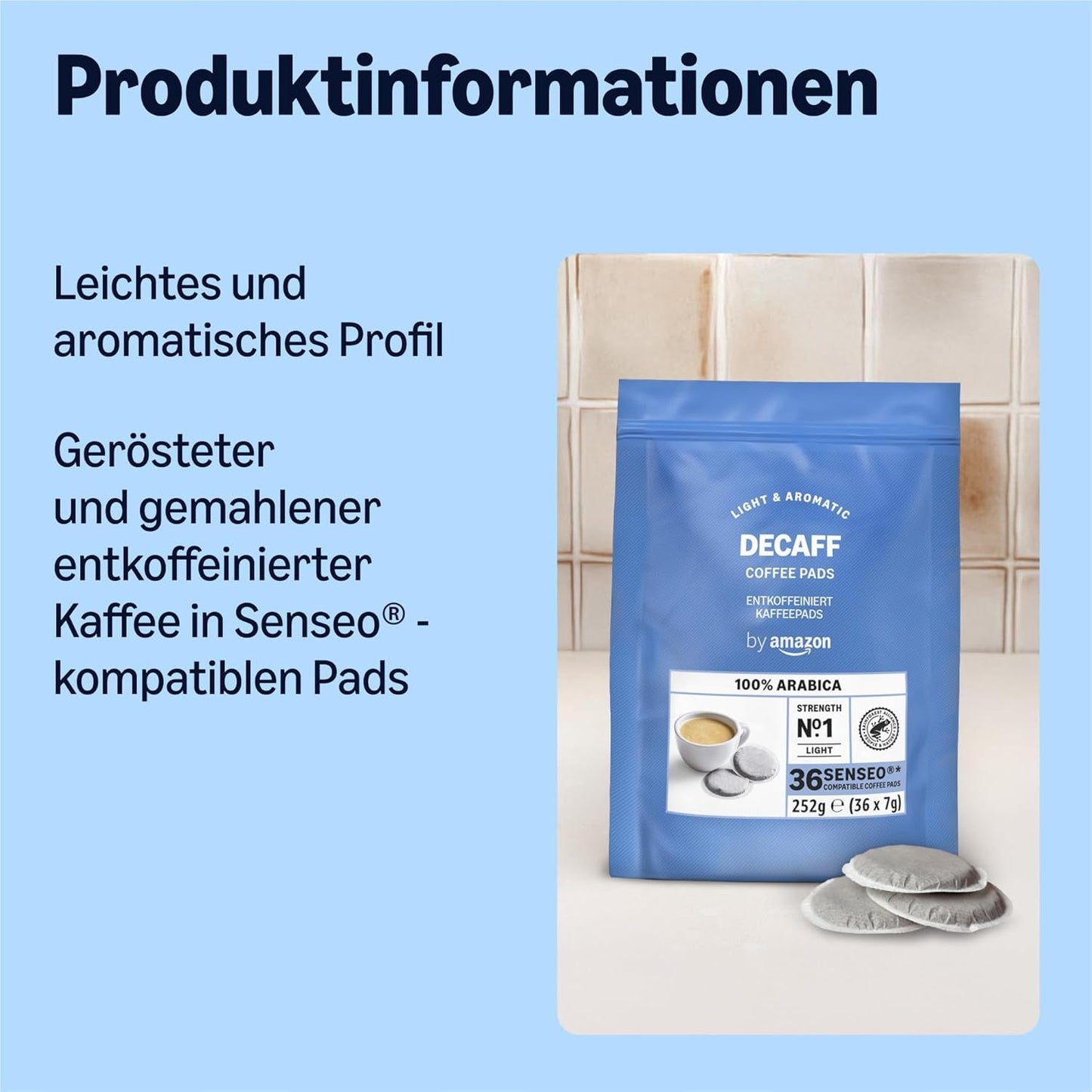 von Amazon Entkoffeinierte 100% Arabica-Kaffeepads, geeignet für Senseo-Maschinen, mittlere Röstung, 36 Stück (1 Packung mit 36 ​​Stück) – Rainforest Alliance-zertifiziert