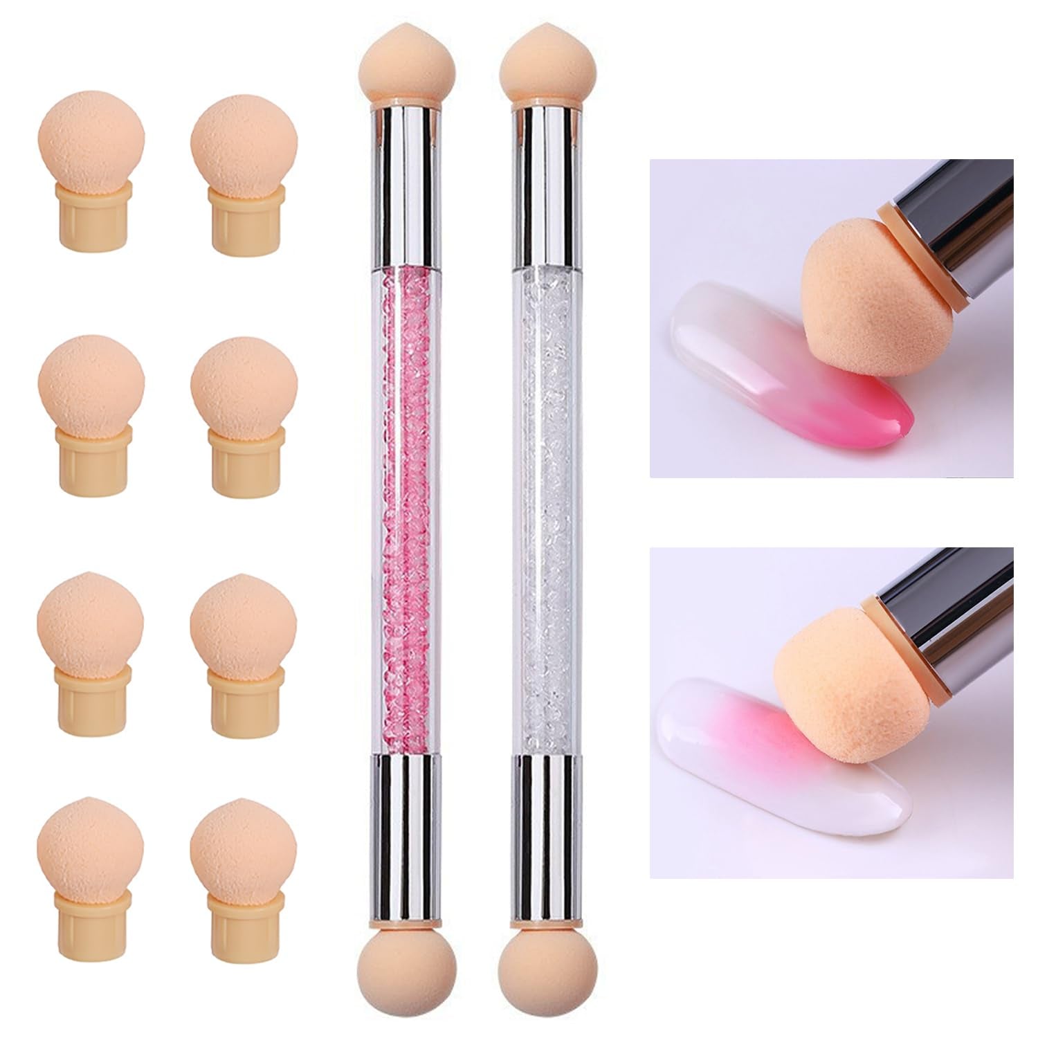 2 Stück Nail Art Rendering-Werkzeuge Doppelter Kopf, Schwammpinsel-Applikator inkl. 8 Ersatzköpfe, Nail Art Schwamm und Tupfpinsel (Weiß, Rosa)