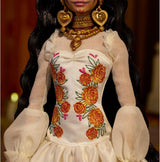 Barbie Signature Day of the Dead 2025-Puppen-Sammelfigur in cremefarbenem Kleid mit Rüschen, Ringelblumen und Schleifen, Blumenkrone im Haar und Calavera-Gesichtsbemalung, JBJ05