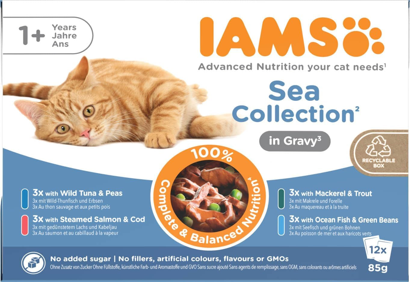 IAMS Delights Sea Collection Katzenfutter Nass - Multipack mit Fischsorten (Lachs, Thunfisch, Makrele, Seefisch) in Sauce, Nassfutter für Katzen ab 1 Jahr, 12 x 85g