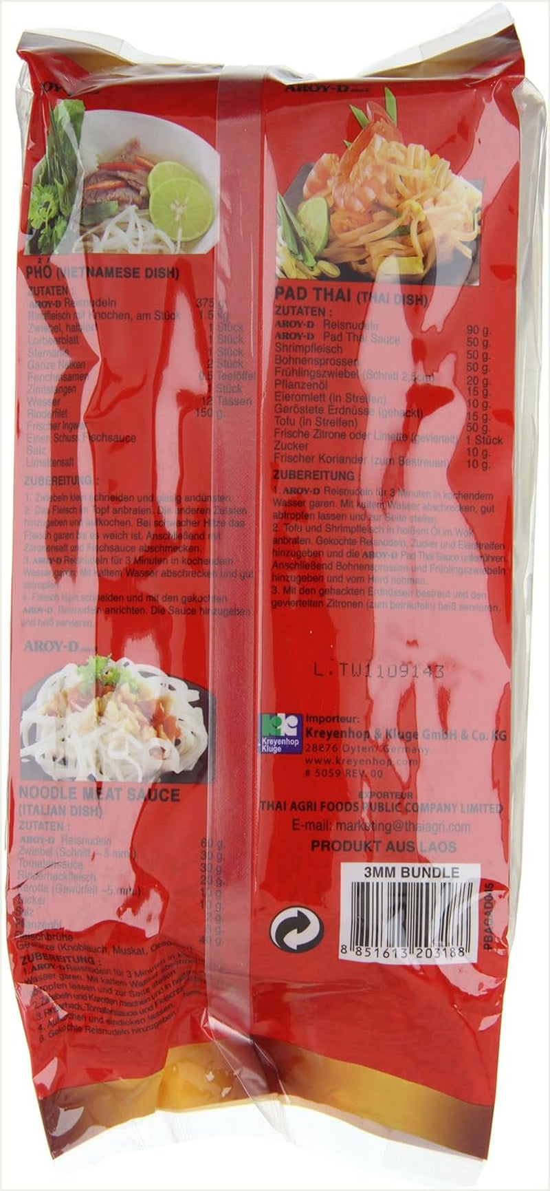 Aroy-D Reisnudeln, glutenfrei, 3-mm-Packungen (1 Packung x 375 g)