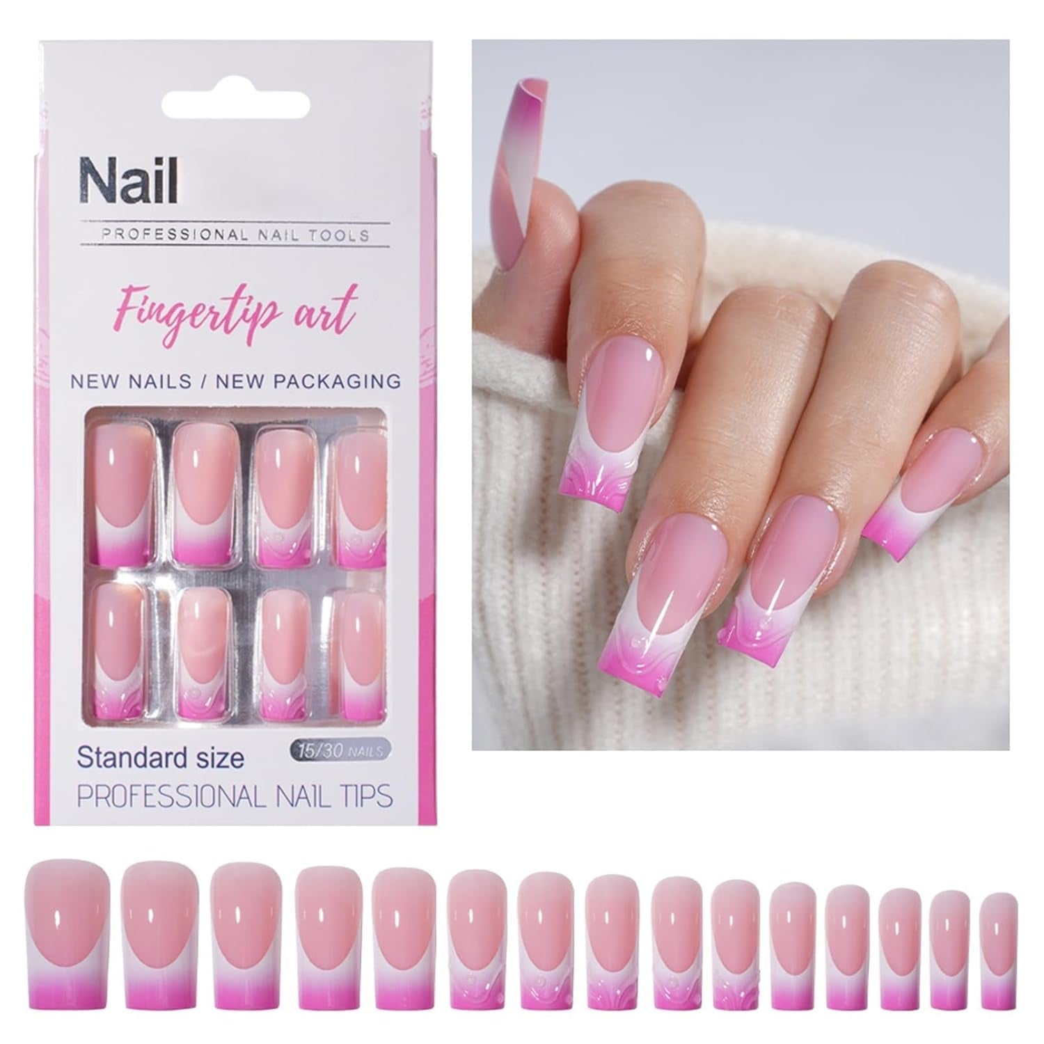 30 Stück französische künstliche Nägel – zum Aufkleben auf künstliche Nägel – weiche Gelnägel für Frauen – selbstklebende Acrylnägel, quadratische Maniküre (französisches Rosa)