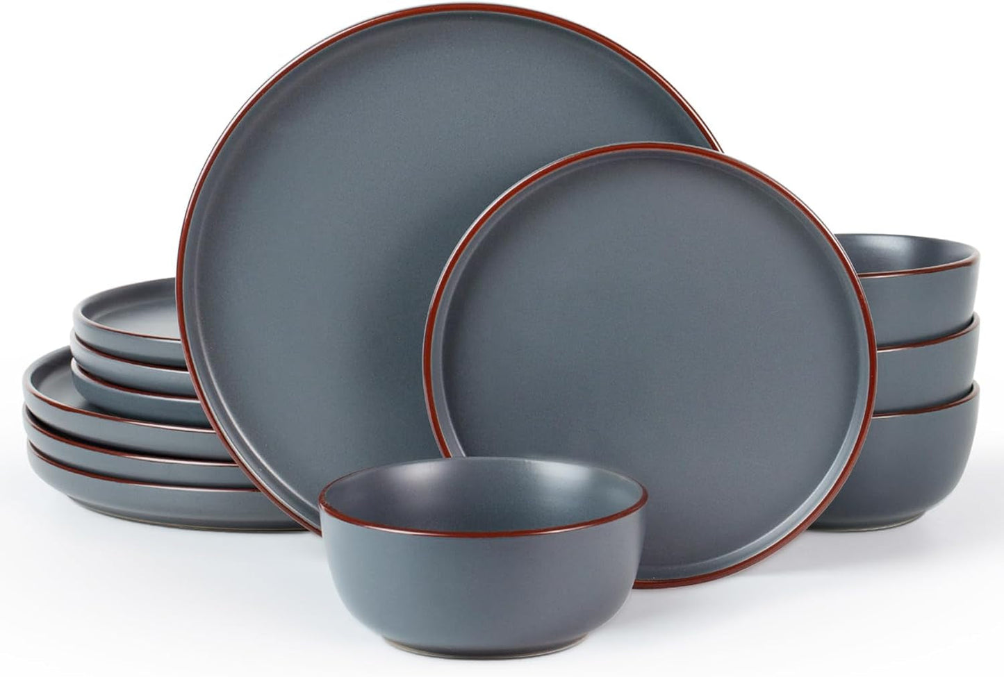 Mercury Geschirrset, 12-teiliges Geschirrset, 4-Personen-Steinzeug-Geschirrset mit Speisetellern, Desserttellern, Müslischalen, mikrowellen- und spülmaschinenfest, Anthrazit