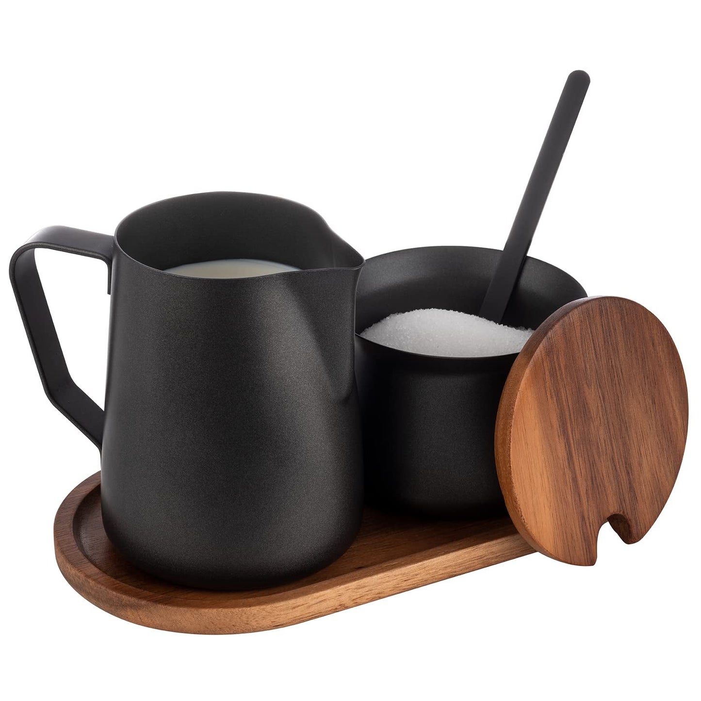 Milch- und Zuckerset APS 634, 5-teiliges Set, Akazienholz, Edelstahl, Antihaftbeschichtung, schwarz