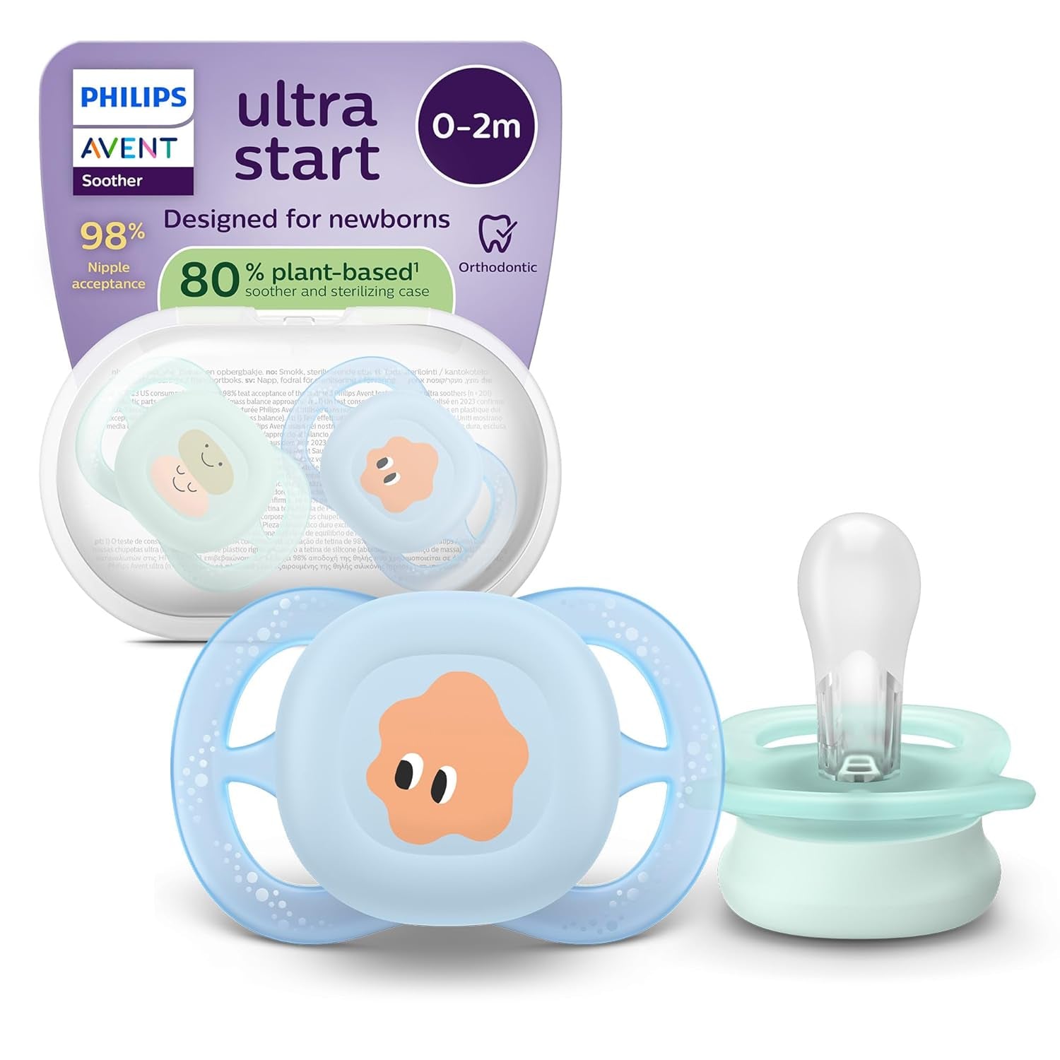 Philips AVENT Ultra Start Nachtschnuller, kieferorthopädischer Schnuller für Neugeborene, leuchtet im Dunkeln, BPA-frei, mit Sterilisationsbehälter, Doppelpack, Mond, Stern, SCF075/07