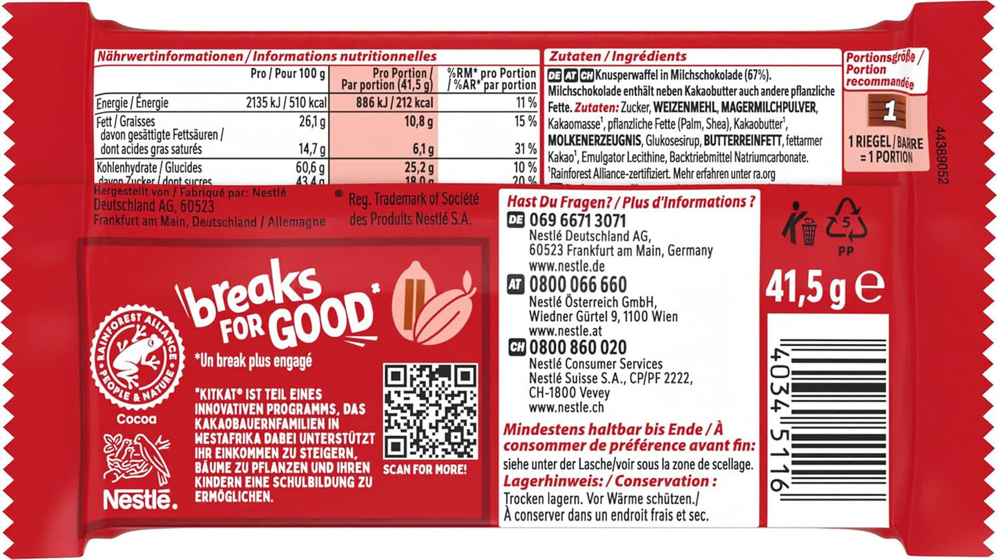 Nestlé KitKat Classic Schokoriegel, Milchschokolade, knusprige Waffelriegel, 24er-Pack (24 x 41,5 g)