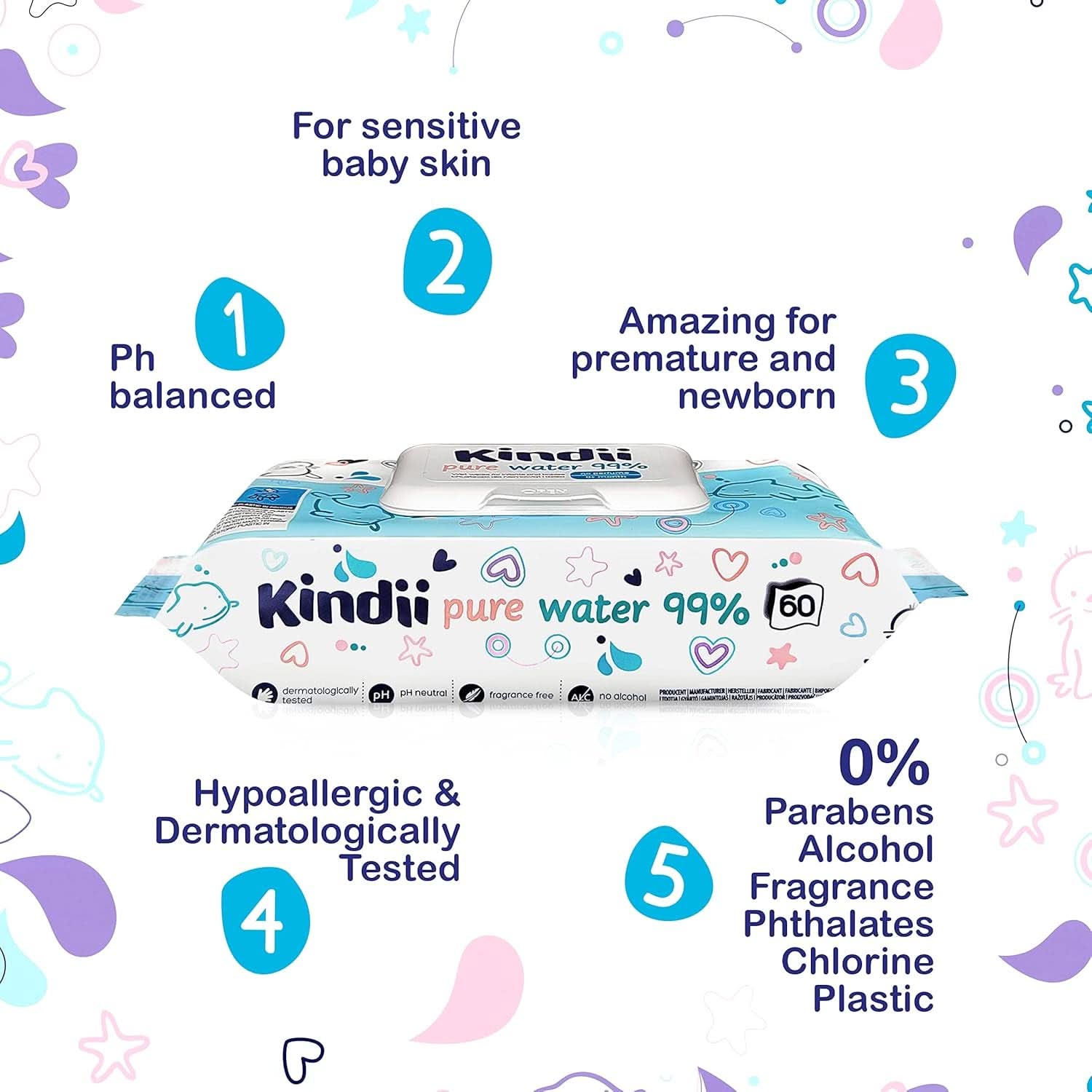 Kindii Feuchttücher Für Babies Und Kinder Pure Water 99% - 99%ige Zusammensetzung Auf Wasserbasis - Allantoin - Unparfümiert - Dermatologisch Getestet - Für Empfindliche Haut - 720 Stück - 12X60 Stück Naty Shop
