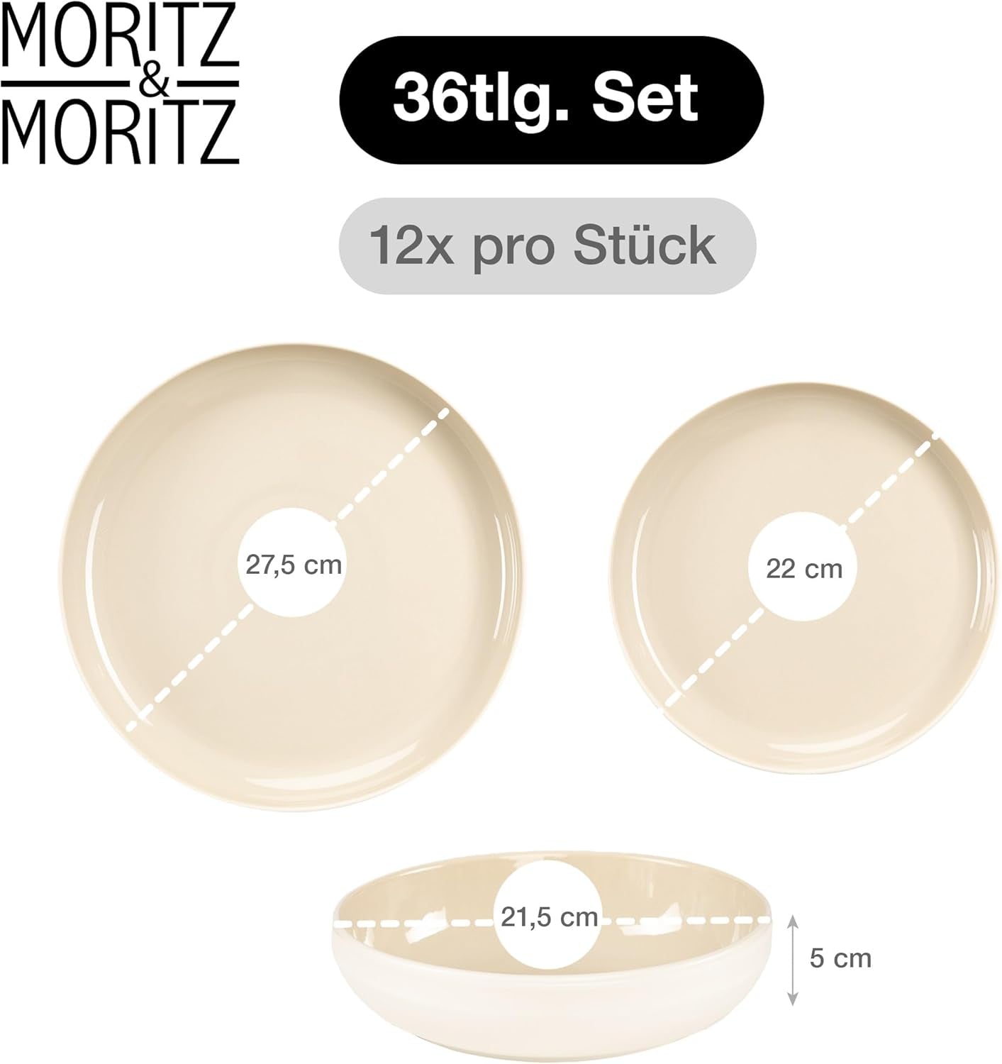 Moritz & Moritz CAVO Steinzeug-Geschirrset für 12 Personen, 36-teilig – Modernes Tafelservice in Sandfarbe – Pflegeleichtes Kombi-Set mit Tellern und Schüsseln – Kaffeeservice