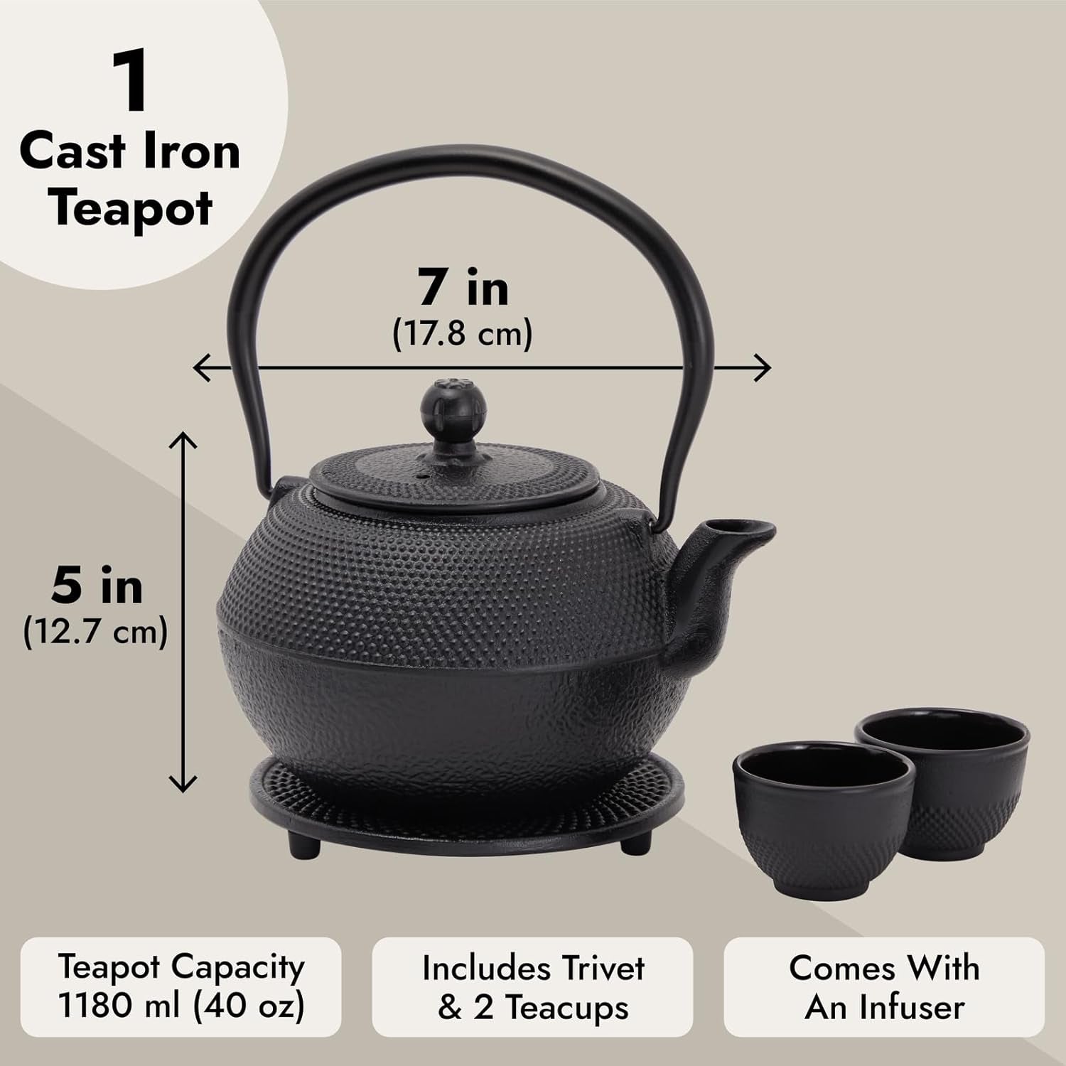 Juvale Japanisches Teeservice mit Teekanne aus Gusseisen (1200 ml), Untertasse und 2 Tassen, Teeservice im Tetsubin-Stil, Schwarz