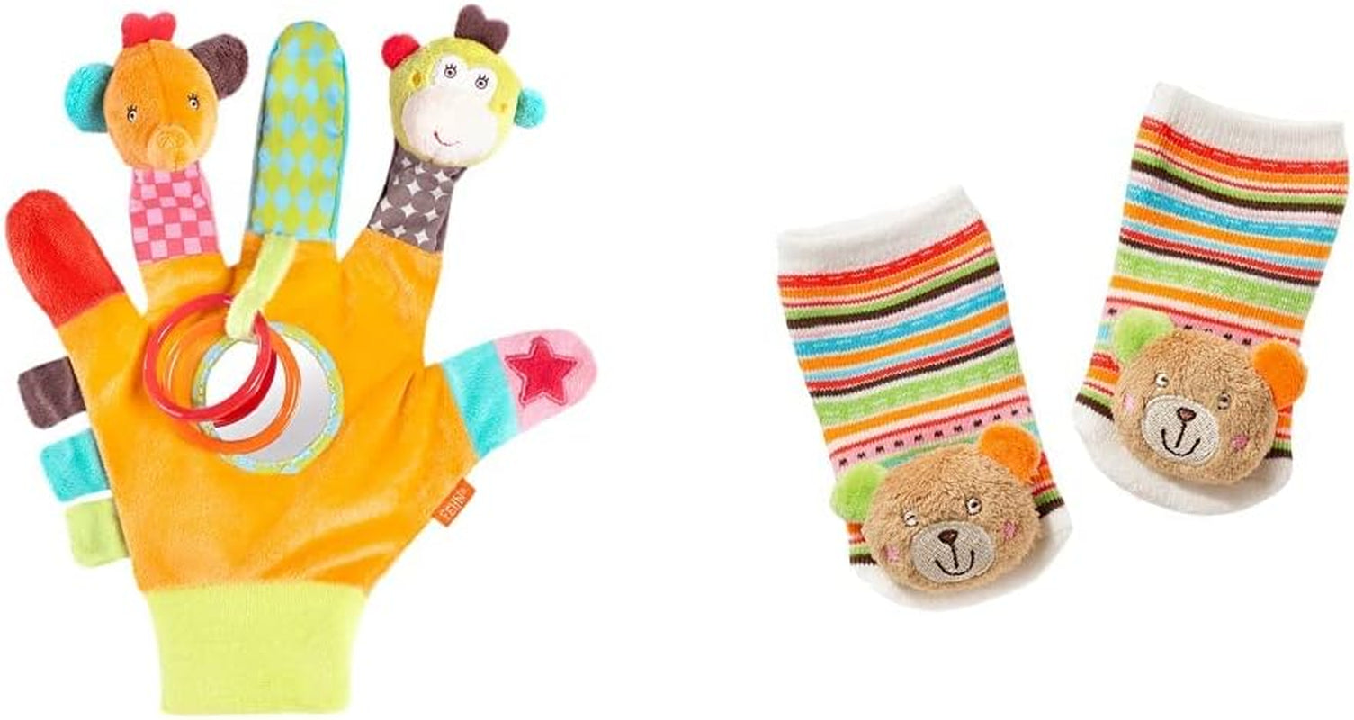 Fehn Spielhandschuh Safari – Affen- und Elefanten-Fingerpuppen für Kinder & Einhorn-Glockensocken für Kinder – Kindersocken mit Glockenfunktion und Einhornkopf – stimulieren Motorik und Sinne. Bebe Toys Naty Shop Safari Plüsch-Rasselsocken-Pack