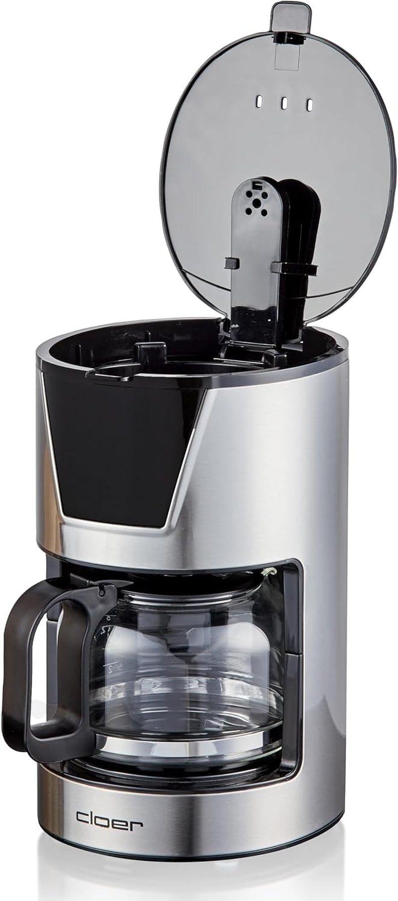 Cloer Filter-Espressomaschine für 6 Tassen, schonende Warmhaltefunktion, Glaskaraffe, Messlöffel, Wasserstandsanzeige, Anti-Tropf-System, automatische Abschaltung, Filtergröße 1x2, 550 W, Edelstahl