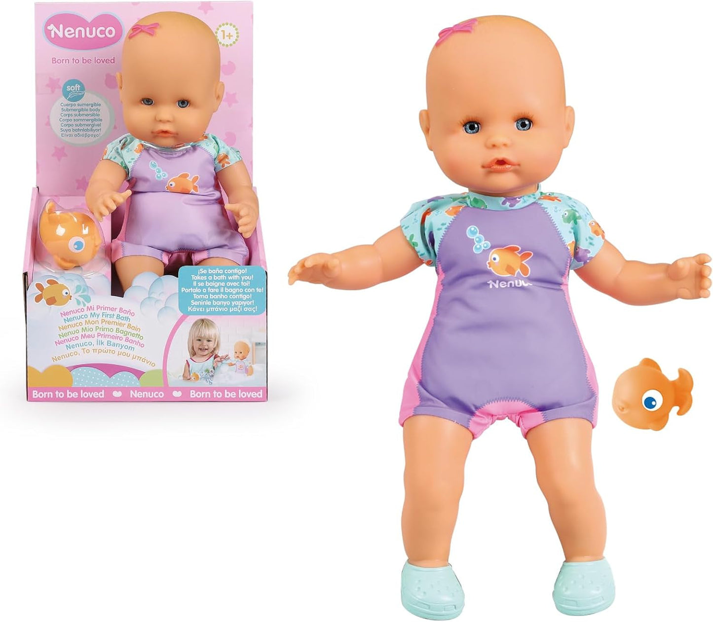 Mein erstes Bad: Eine weiche Puppe mit wasserdichtem Körper, geeignet für die Verwendung in der Badewanne, im Pool und im Meer. Enthält einen Badeanzug und einen im Wasser platzierten Fisch.