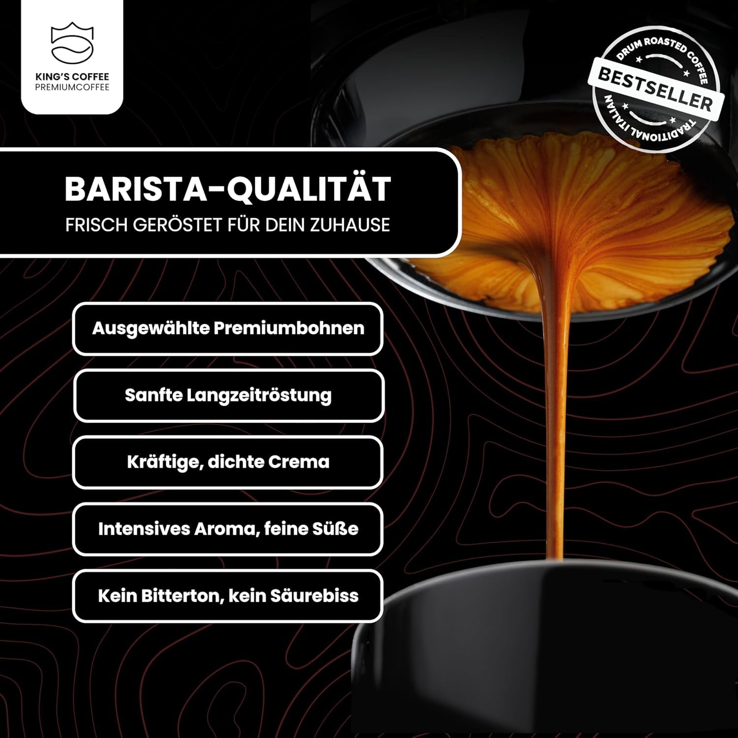 KING'S COFFEE – BLACK EDITION – 1 kg intensive, cremige Kaffeebohnen – Kaffee mit geringem Säuregehalt – Kleinserienröstung aus Italien – Starke Arabica-Espressobohnen (Mischung) für Vollautomaten und Siebträgermaschinen