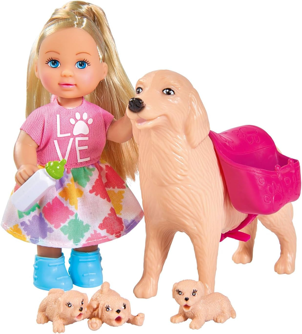 Simba 105733072 – Evi Love Hundesitter mit Hund und drei Welpen, Zubehör, Modepuppe, 12 cm, für Kinder ab 3 Jahren