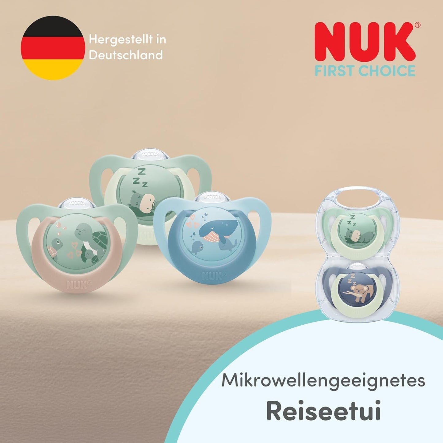 NUK First Choice Nachtschnuller für Babys | 6-18 Monate | Kieferorthopädische Schnuller, die im Dunkeln leuchten | Beruhigt 99 % der Babys** | Nilpferd/Koala | 2 Stück