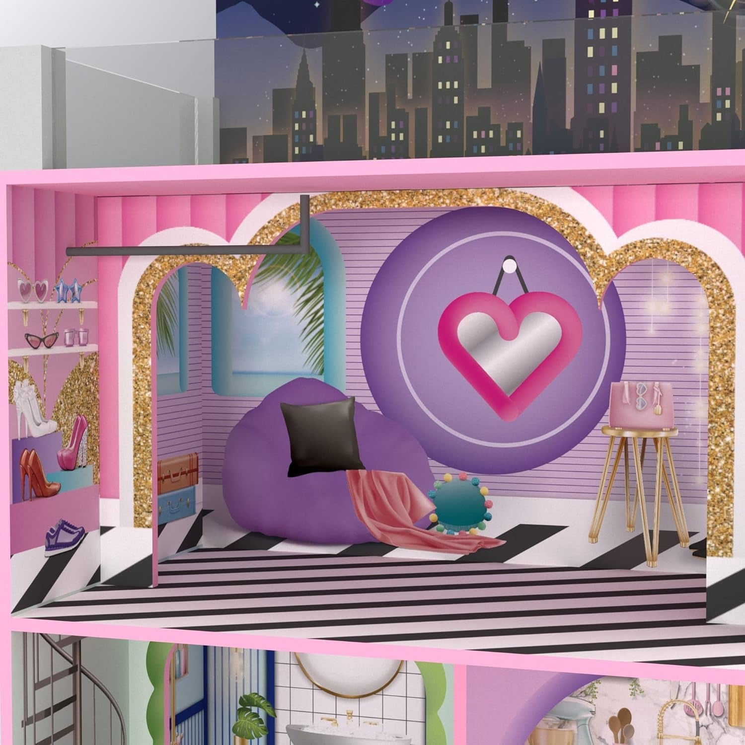 Olivia's Little World Big Dreamland Sunset Modernes, dreistöckiges, interaktives Puppenhaus aus Holz für Kinder mit 16 Puppenmöbelzubehör, mehrfarbig, TD-13616A