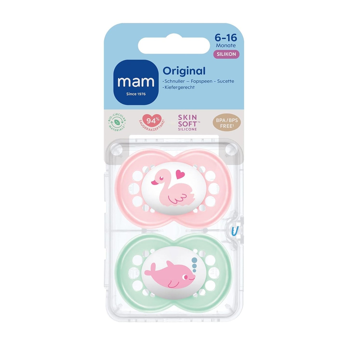 Original MAM Schnuller | 6-16 Montag | Baby-Schnuller | Von 94 % akzeptiert | Zum Stillen geeignet | Von Hebammen empfohlen | Zahnfreundlich | Silikon SkinSoft | Schwan/Delfin | 2 Stück