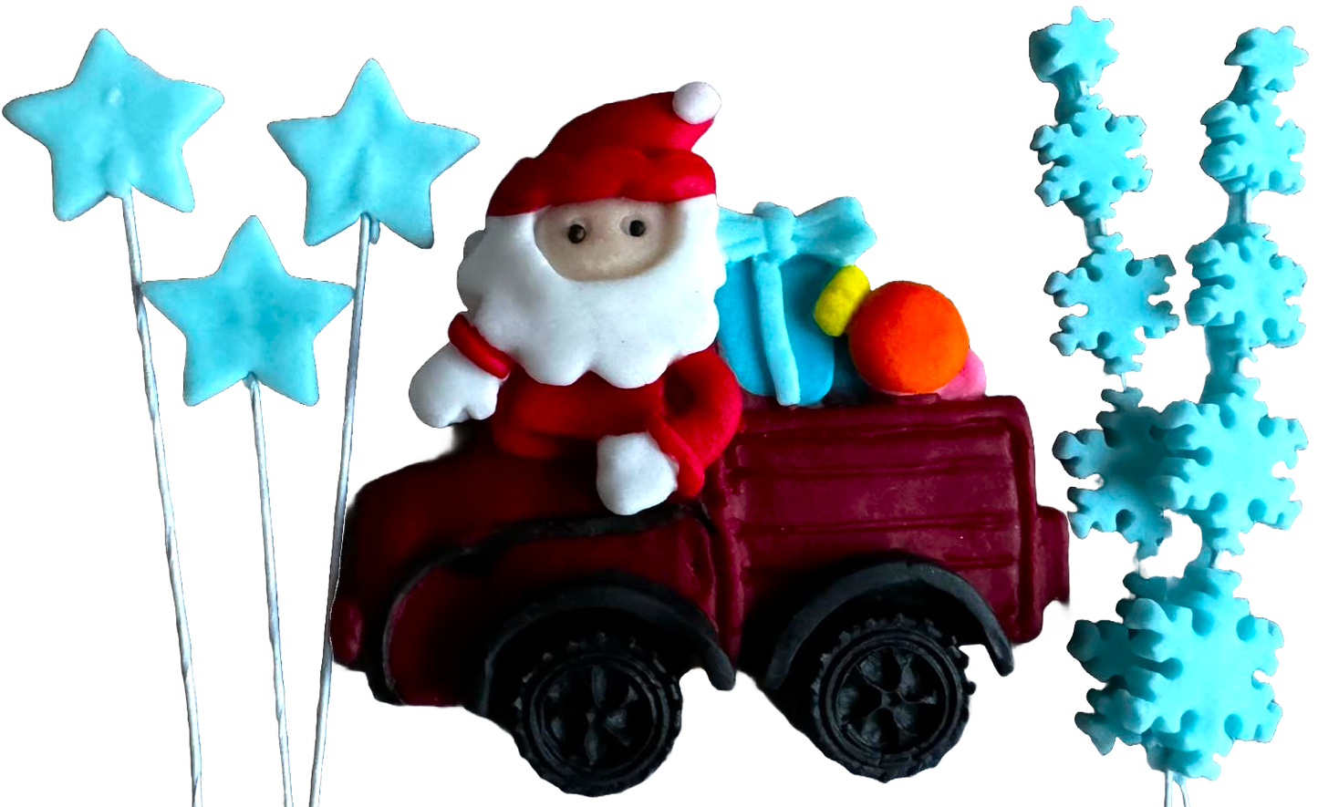 Set mit 6 essbaren Dekorationen aus Zuckerpaste, Weihnachten, Weihnachtsmannauto, Sternen und Schneeflocken. Dekorationen aus Zuckerpaste Naty Shop