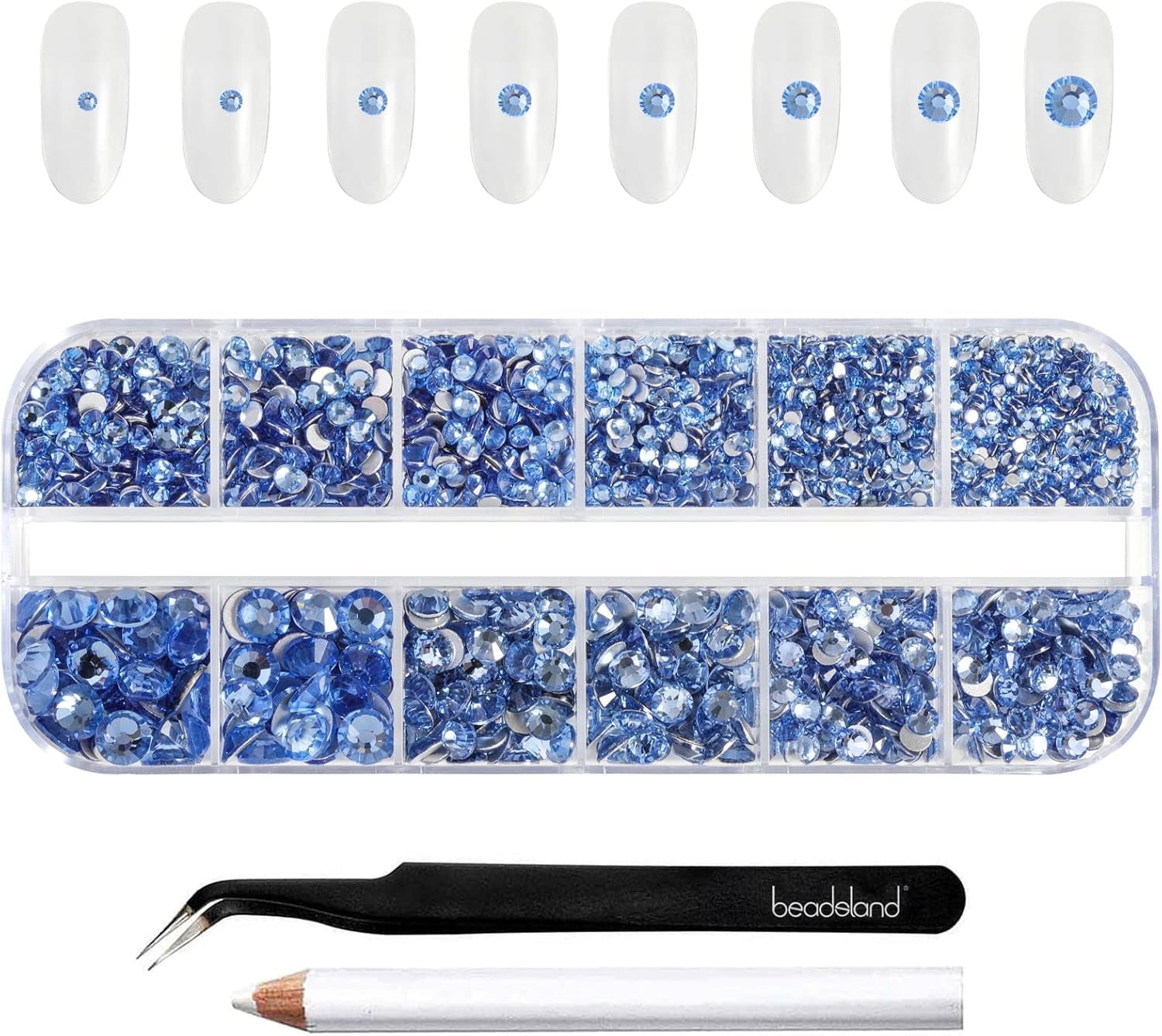 Beadsland 2500 Stück Glas Nailart Strasssteine ​​​​Kristall Flatback Edelsteine ​​​​Runde, ​​Für Handwerk Gemischt 8 Größen SS4 ~ SS30 Mit Picking Pinzette Und Stift (Kristall Weiß)