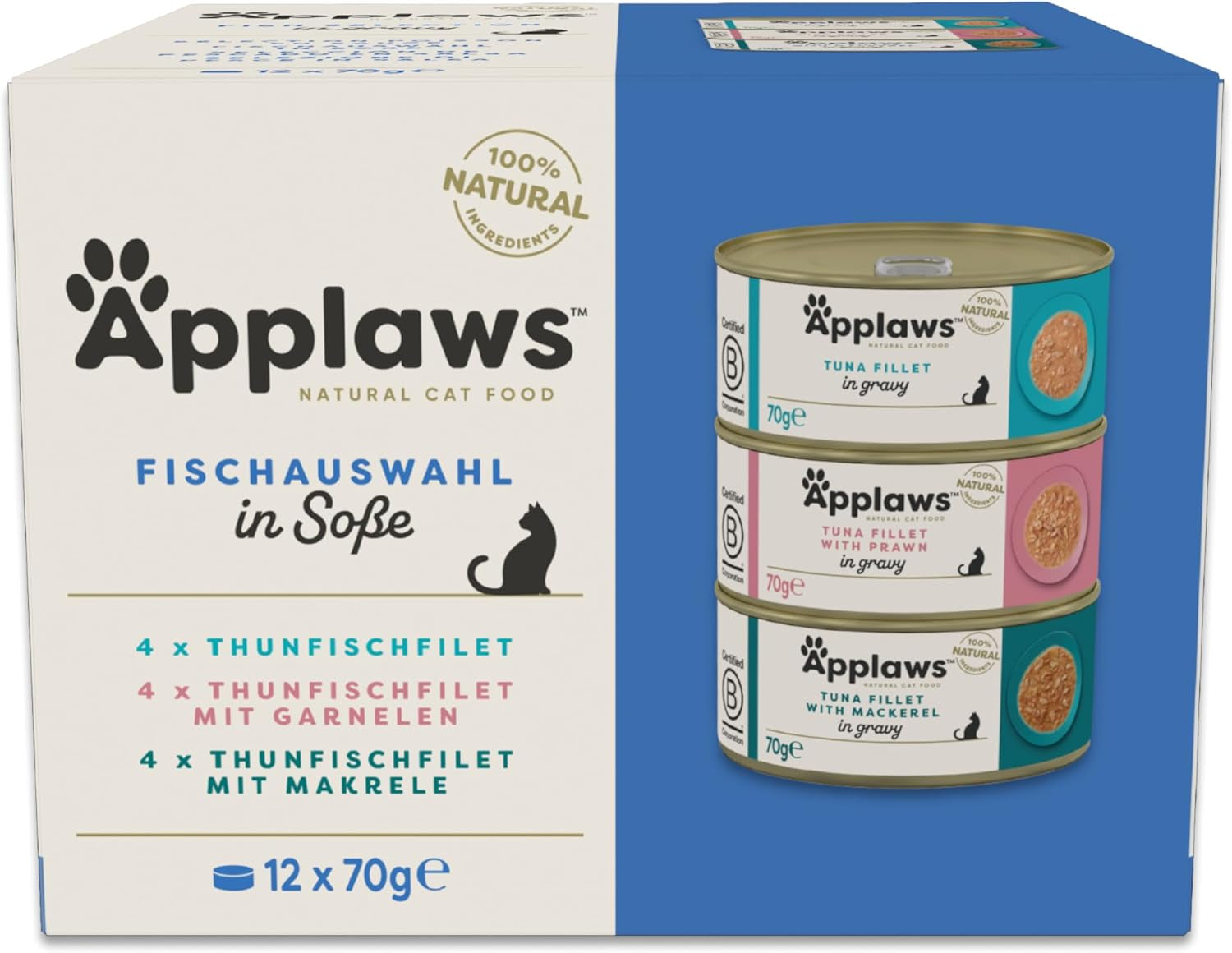 Applaws 100 % natürliches Nassfutter für ausgewachsene Katzen, verschiedene Fischsorten in Soße, Mehrfachpackung, 12 Boxen x 70 g