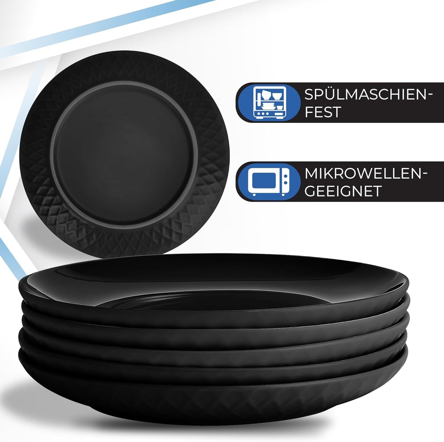 MIAMIO – 6-teiliges modernes Keramik-Geschirr/Teller-Set für 6 – Palmanova-Kollektion (Schwarz, große Teller (6x))