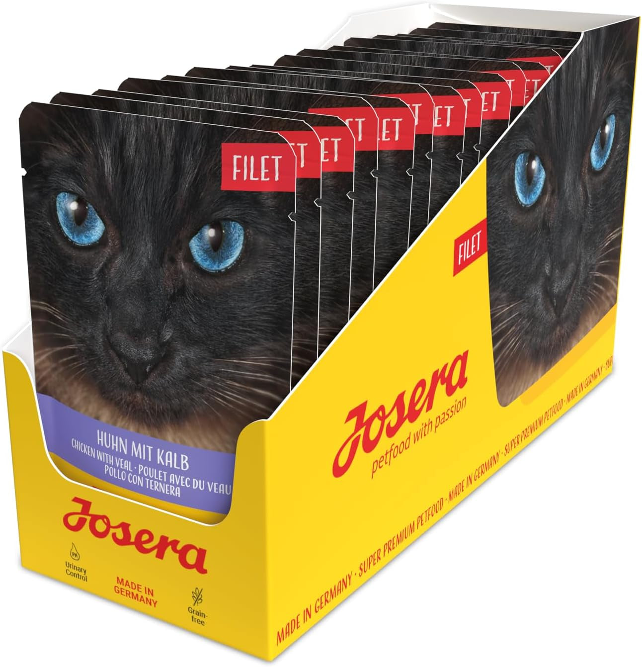 JOSERA Hähnchen- und Kalbsfilet (16 x 70 g) | Erwachsener | Premium-Nassfutter für ausgewachsene Katzen | Hähnchen und Kalbfleisch mit 40 % Hähnchenfilet | Keine Körner | Nasses Katzenfutter im Frischebeutel | 16 Stück