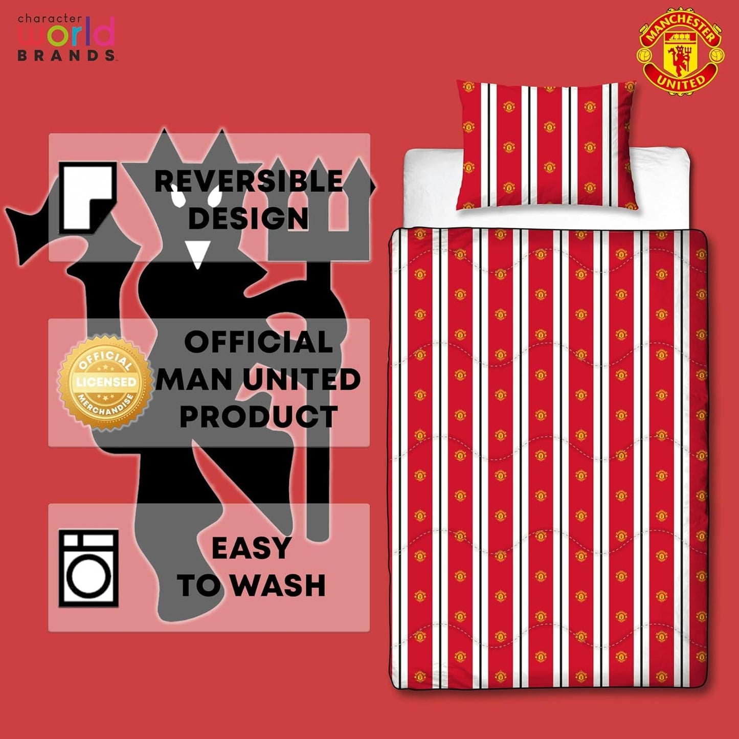 Offizielle Einzelbettdecke von Manchester United FC, wendbar, rot und weiß, ohne Bezug, Fußballdecke, Kissenbezug, waschbar, perfekt für Reisen, Übernachtungen, 10,5 Tog Bettdecken und Steppdecken Naty Shop
