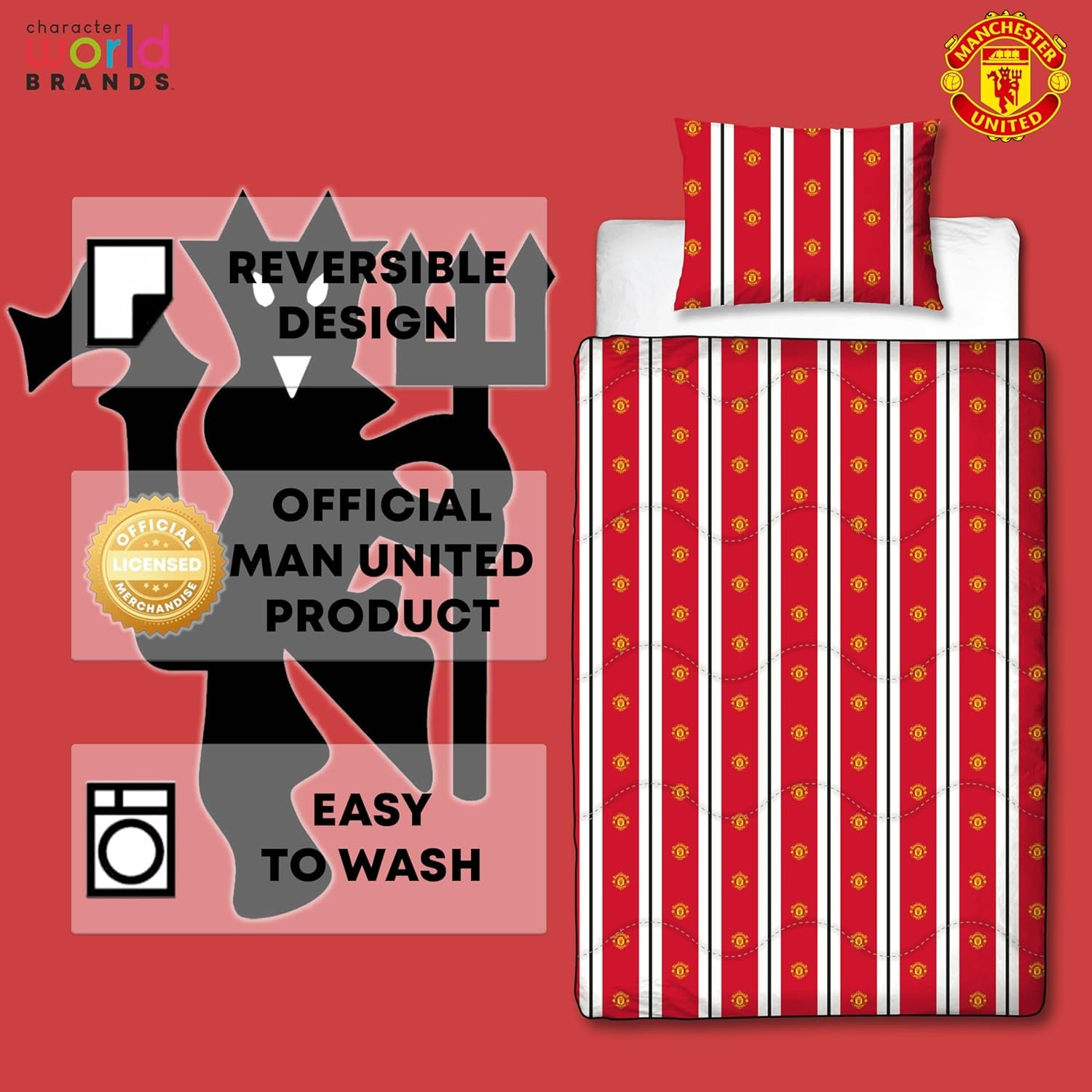 Offizielle Einzelbettdecke von Manchester United FC, wendbar, rot und weiß, ohne Bezug, Fußballdecke, Kissenbezug, waschbar, perfekt für Reisen, Übernachtungen, 10,5 Tog Bettdecken und Steppdecken Naty Shop