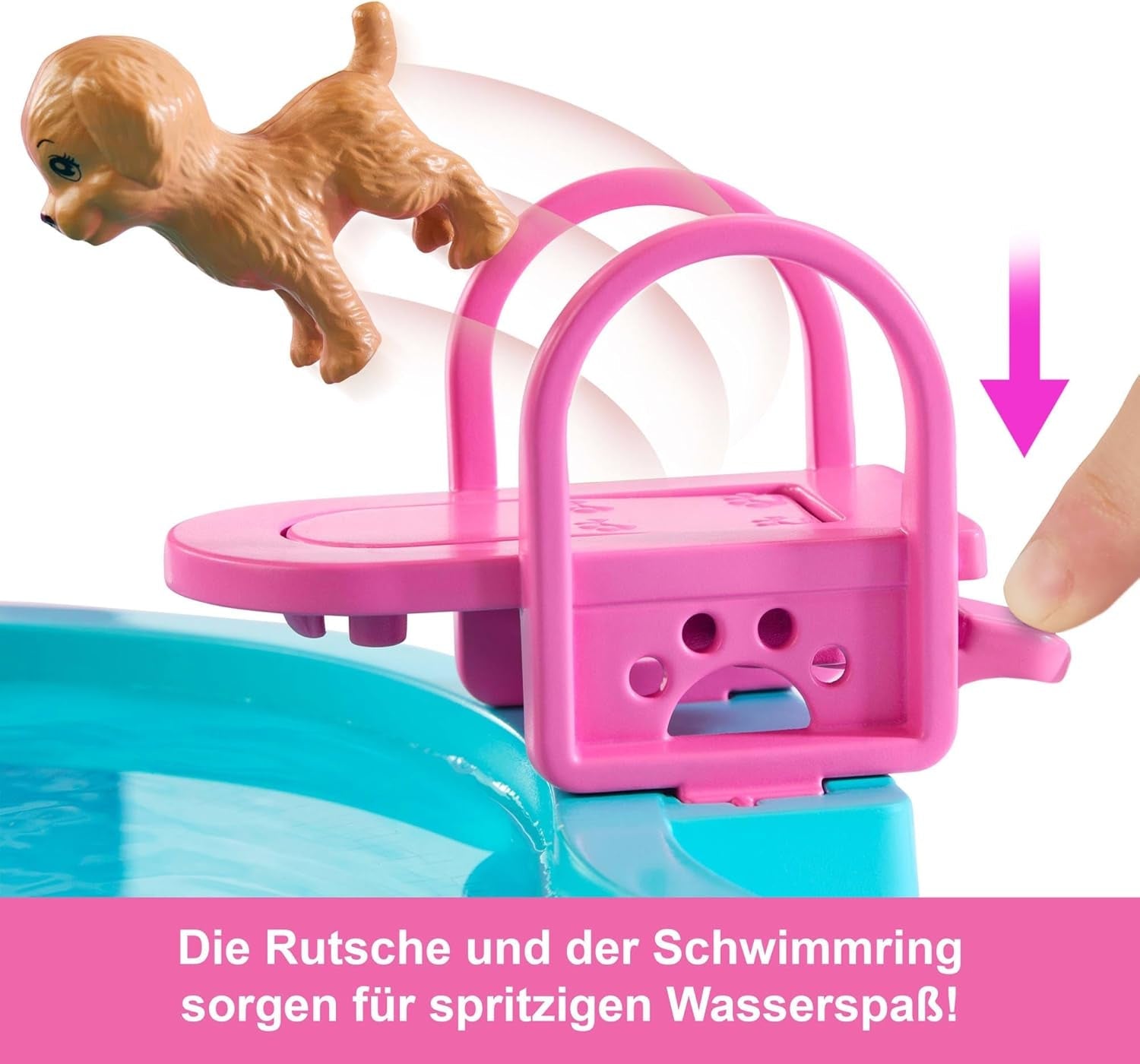 Barbie Dream Pool-Spielset mit sechs Spielbereichen, darunter Rutsche und Whirlpool, sowie über 20 Zubehörteilen wie einem Haustier, Schwimmringen und mehr, JKG83