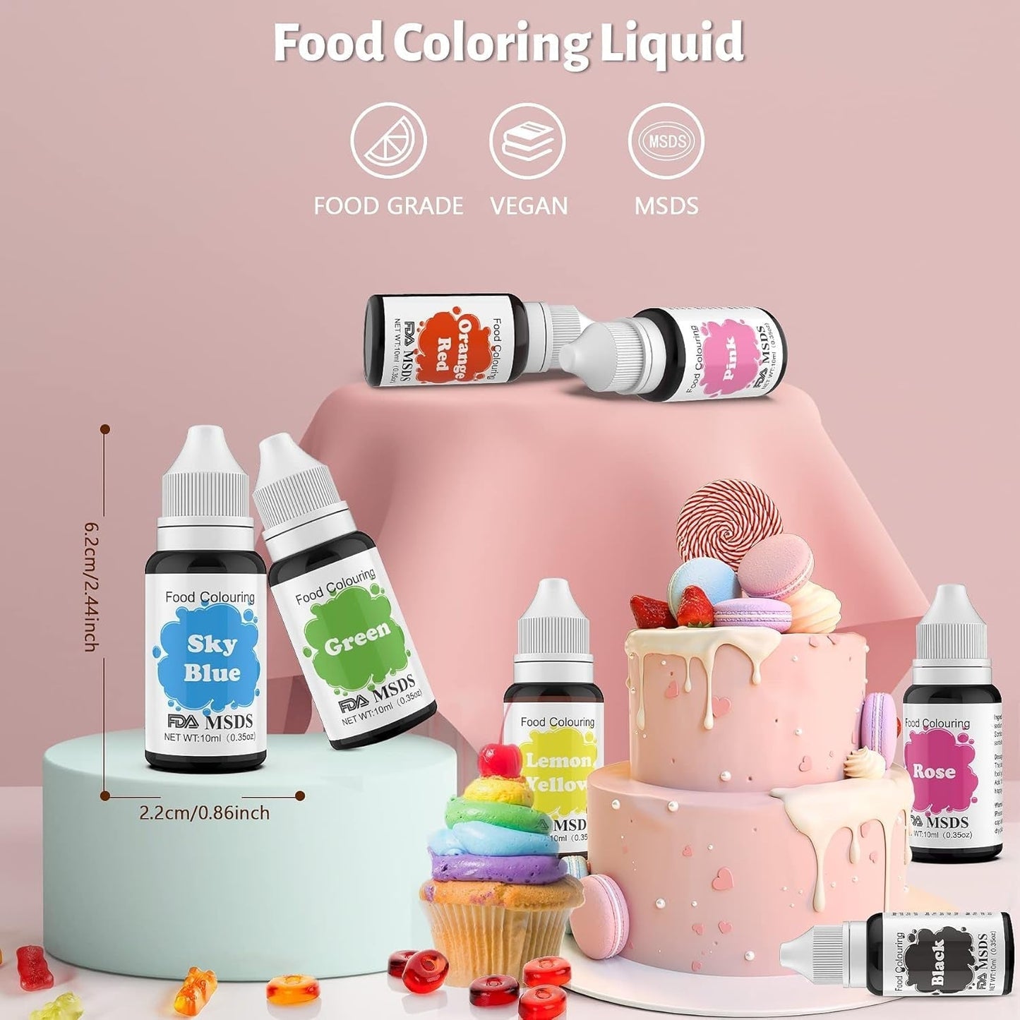 Lebensmittelfarbe 9 x 10 ml, flüssige Lebensmittelfarbe – Lebensmittelfarben-Set zum Dekorieren von Kuchen, Macarons, Donuts, Fudge, Zuckerguss, DIY-Seifen, Eiscreme, Seifenfarbe, Spritzpistolenfarbe