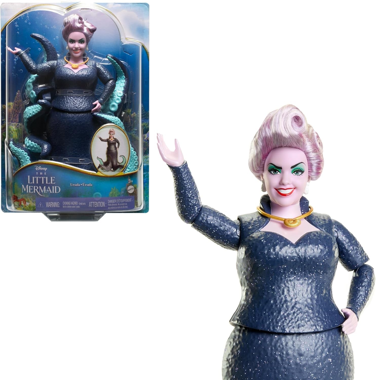 Mattel DISNEY Arielle, die kleine Meerjungfrau – Ursula mit Tentakeln, abnehmbarer Halskette und Lavendel-Dutt für endlosen Styling-Spaß, geeignet für Kinder ab 3 Jahren, HLX12