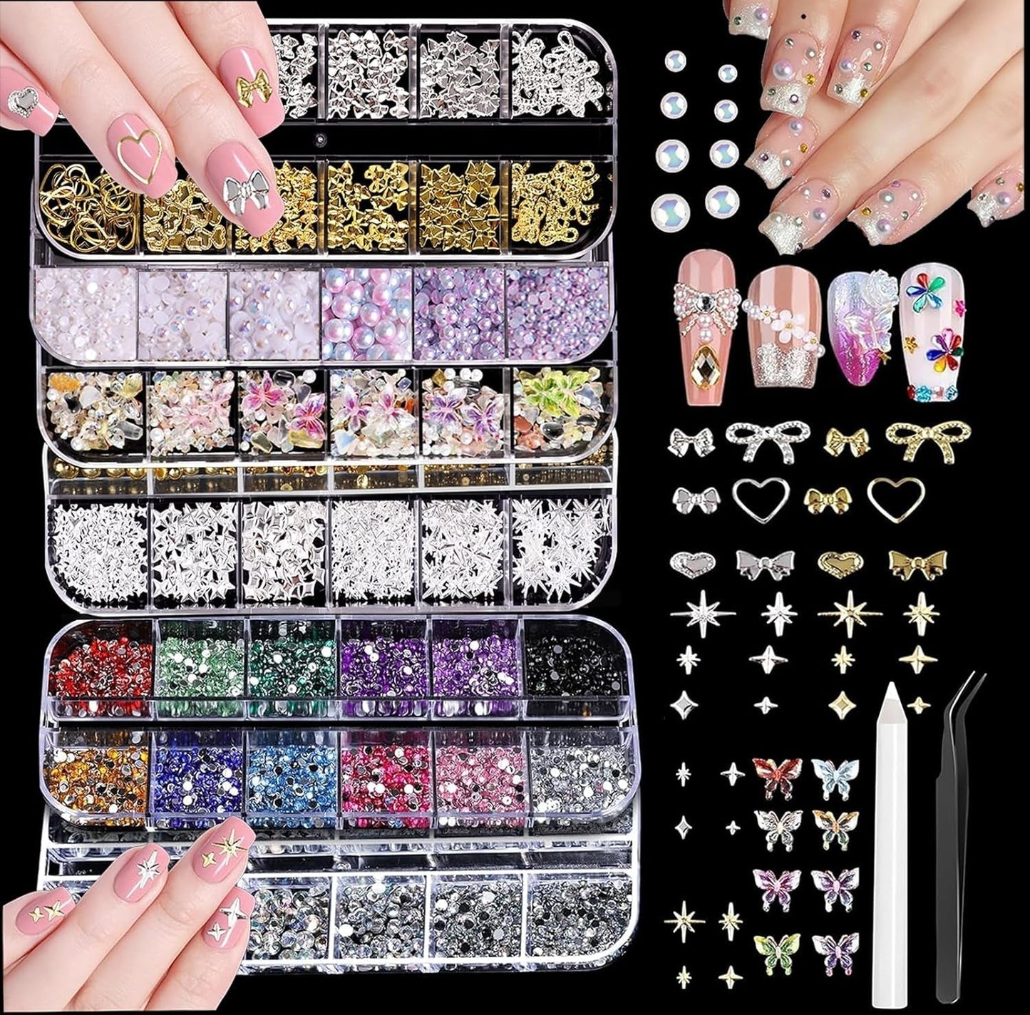Nail Charms,6 Boxen Gold Silber Nagel Charms 3D Gold Bogen Stern Nail Art Dekoration+6200 Strasssteine ​​​​Bunt Steine ​​​​AB Perlen Diamanten,3D Legierung Bow Nail Gems Nagel Deko Für Frauen Nagel (6-A)