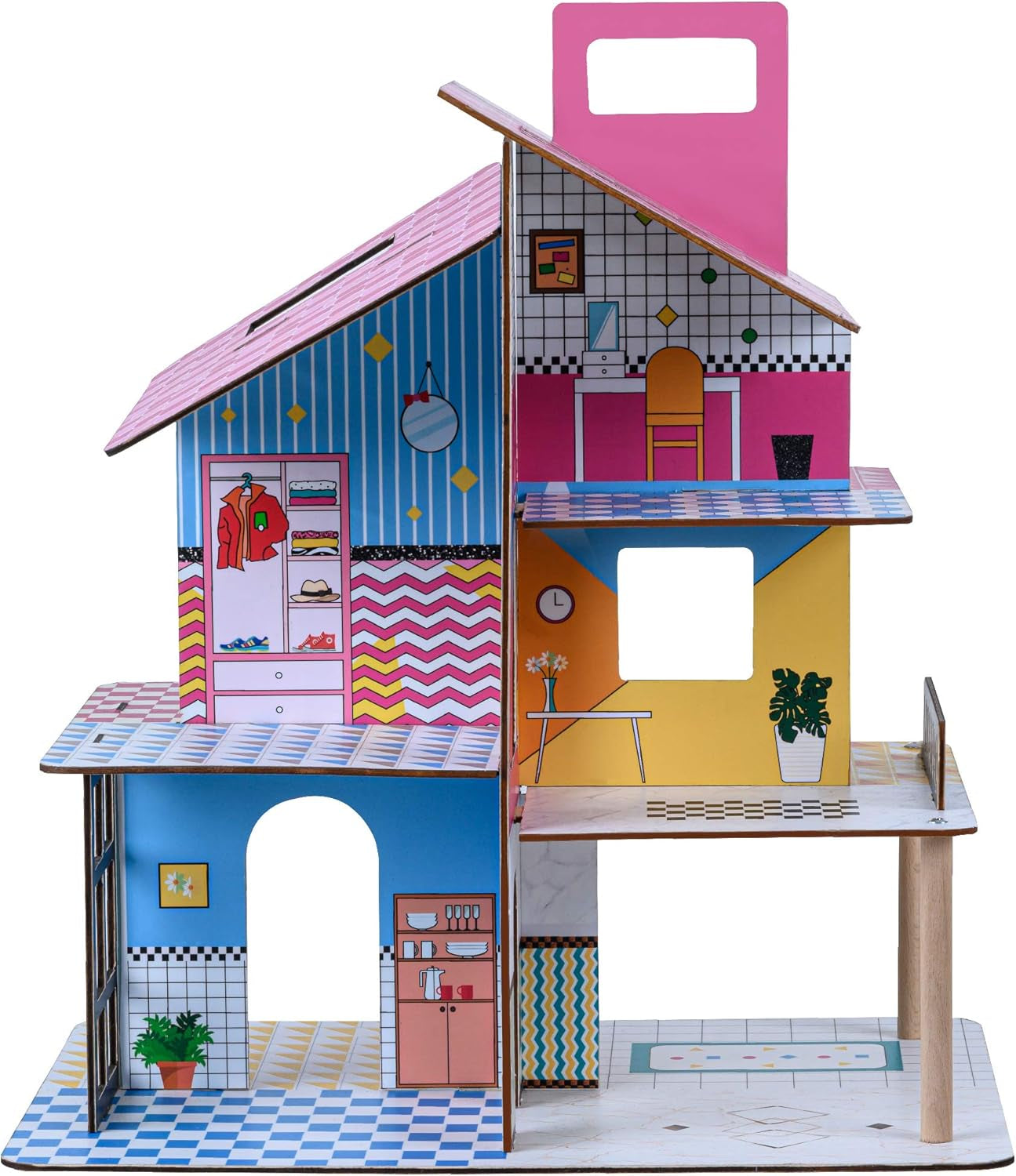 Olivia's Little World 360-Puppenhaus aus Holz für Kinder, 3,5-Zoll-Puppen und 12 Zubehörteile, mehrfarbig TD-13260C