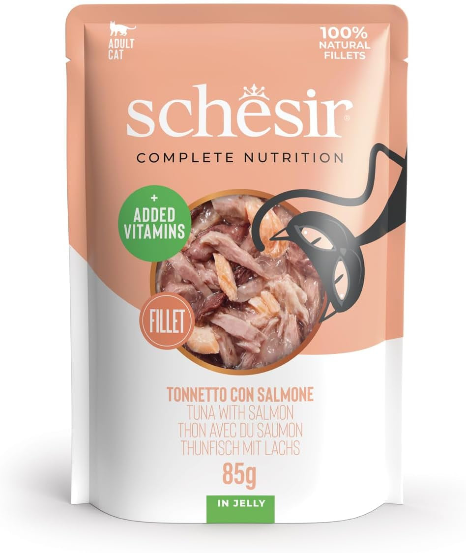 , Tunfisch mit Lachs in Gelee, komplettes Nassfutter für Katzen, im Beutel, 100% natürliche Inhaltsstoffe, tierversuchsfrei, 12 x 85 g