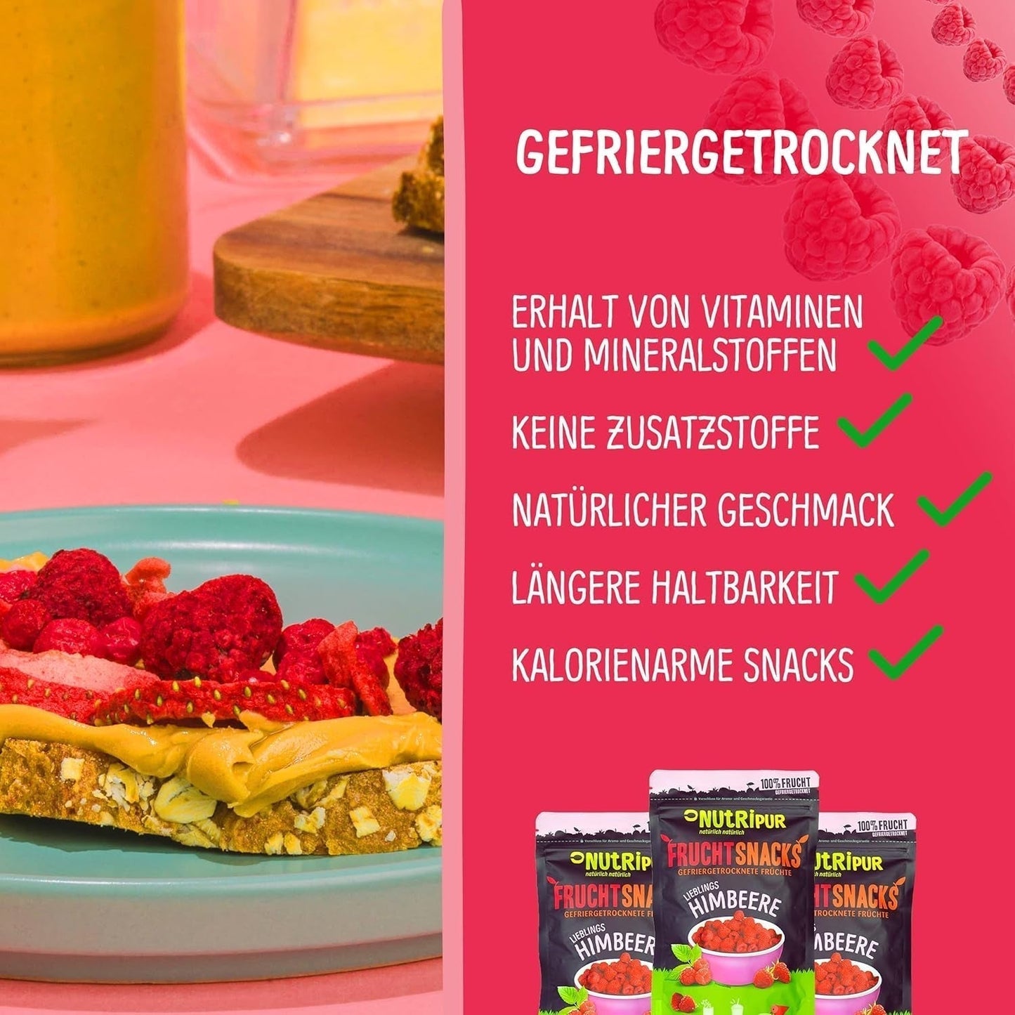 Gefriergetrocknete Früchte: 100g gefriergetrocknete Himbeeren für Smoothie-Bowls, Müsli, Porridge-Toppings – gefriergetrocknete Beeren ohne Zuckerzusatz – gefriergetrocknete Beeren – Früchte von NutriPur Dehydrierte Produkte Naty Shop