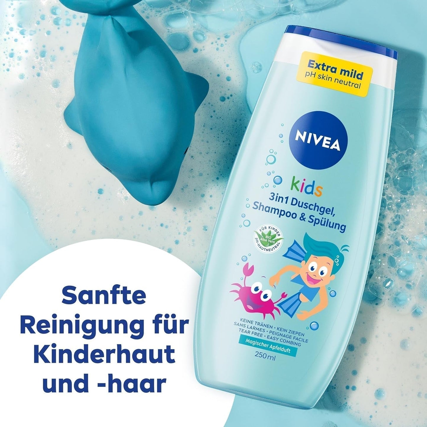 Duschgel, Shampoo und Spülung NIVEA KIDS 3in1, Pflege und Reinigung für Kinder mit zauberhaftem Apfelduft, extra milde, seifenfreie Pflege für Kinderhaare und -haut (250 ml) Kinder - Bade- und Hautpflege Naty Shop