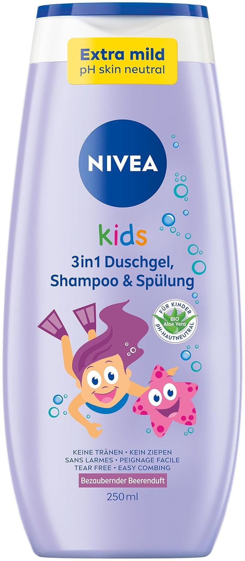 Duschgel, Shampoo und Spülung NIVEA KIDS 3in1, Pflege und Reinigung für Kinder mit zauberhaftem Apfelduft, extra milde, seifenfreie Pflege für Kinderhaare und -haut (250 ml) Kinder - Bade- und Hautpflege Naty Shop 250ml