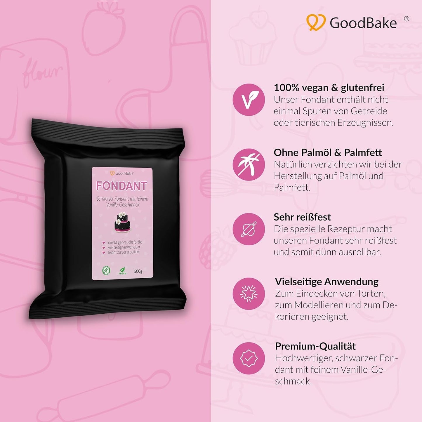 GoodBake schwarzer Fondant 500g, Rollfondant zum Beschichten, Formen, Dekorieren von Kuchen, Figuren, Zuckerblumen und mehr, palmölfrei, vegan, glutenfrei, Zuckerpaste Naty Shop