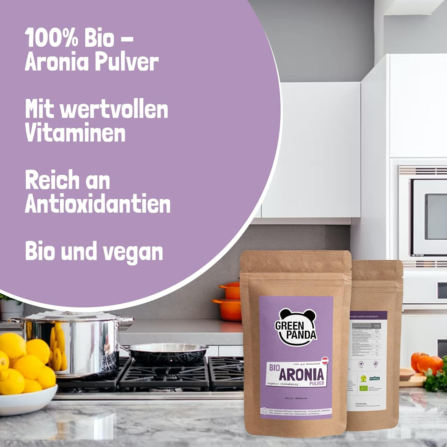 GREEN PANDA® Bio Aroniapulver aus Österreich | fein gemahlene getrocknete Apfelbeeren | Bio-Apfelbeeren ohne Zusatzstoffe | regionale Alternative zu Acai-Pulver und Goji-Beeren | 500g dehydrierte Produkte von Naty Shop