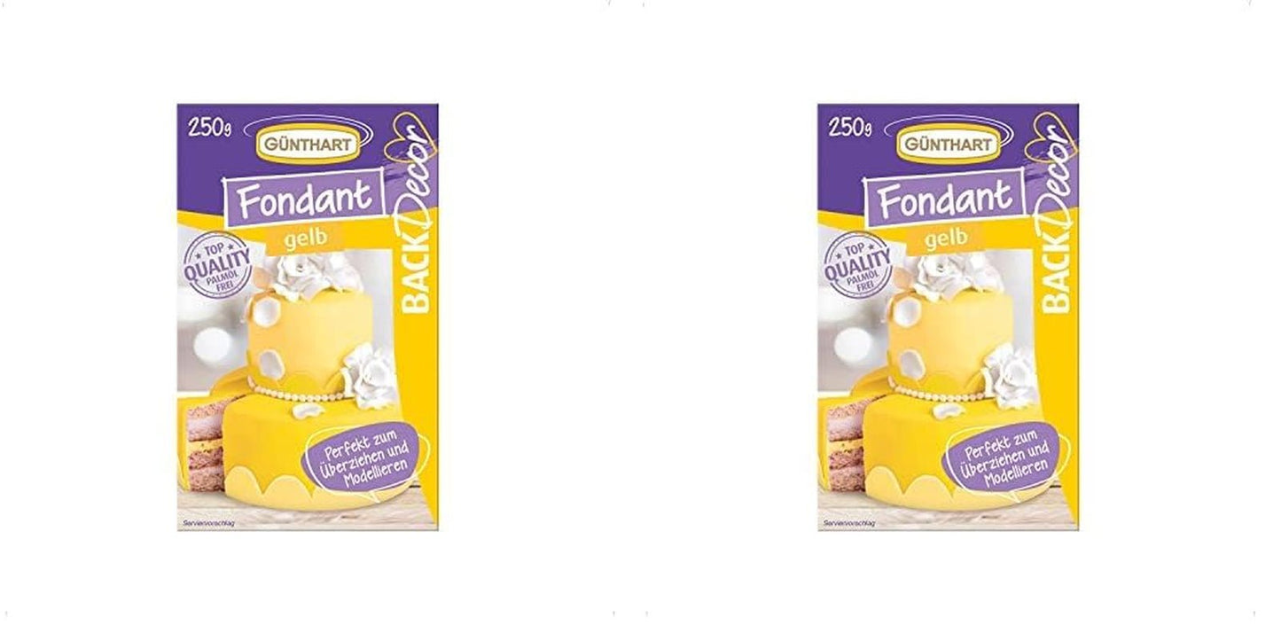 Günthart BackDecor 250 Fondant Grün, 100 % vegan, palmölfrei, reißfest, zum Überziehen von Kuchen und Gebäck, geeignet zum Modellieren, 1 Packung (1 x 250 g), Naty Shop Zuckerpaste 250 g (2 Stück), gelb