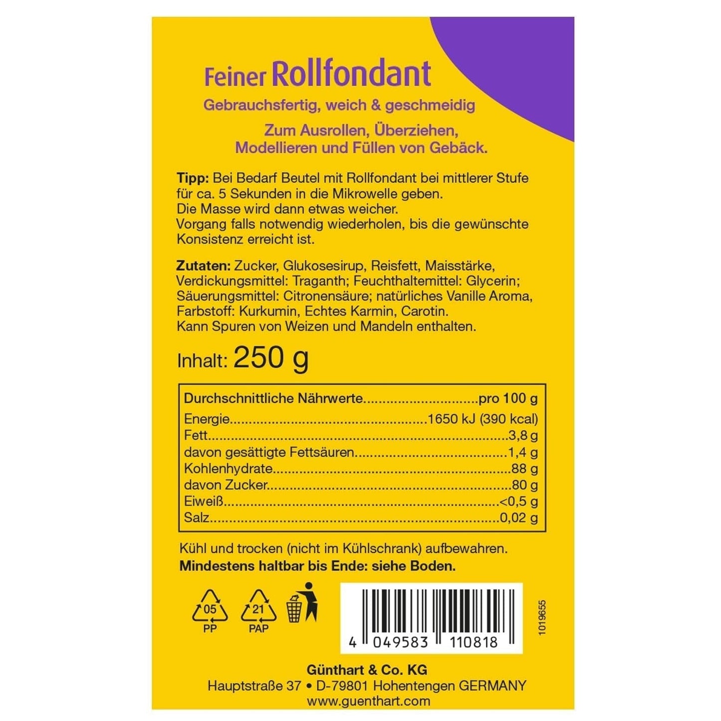 Günthart BackDecor 250g roter Fondant, palmölfrei, reißfest zum Überziehen von Kuchen und Gebäck, zum Modellieren geeignet, 2er Pack (1 x 250g) Zuckerpaste Naty Shop