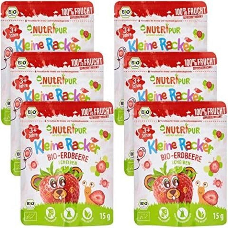 Bio-Fruchtsnacks für Kinder: 6x15g gefriergetrocknete Bio-Erdbeeren - Gefriergetrocknete Früchte - Trockenfrüchte - Kleine Racker von NutriPur Dehydrierte Produkte Naty Shop Standardtitel