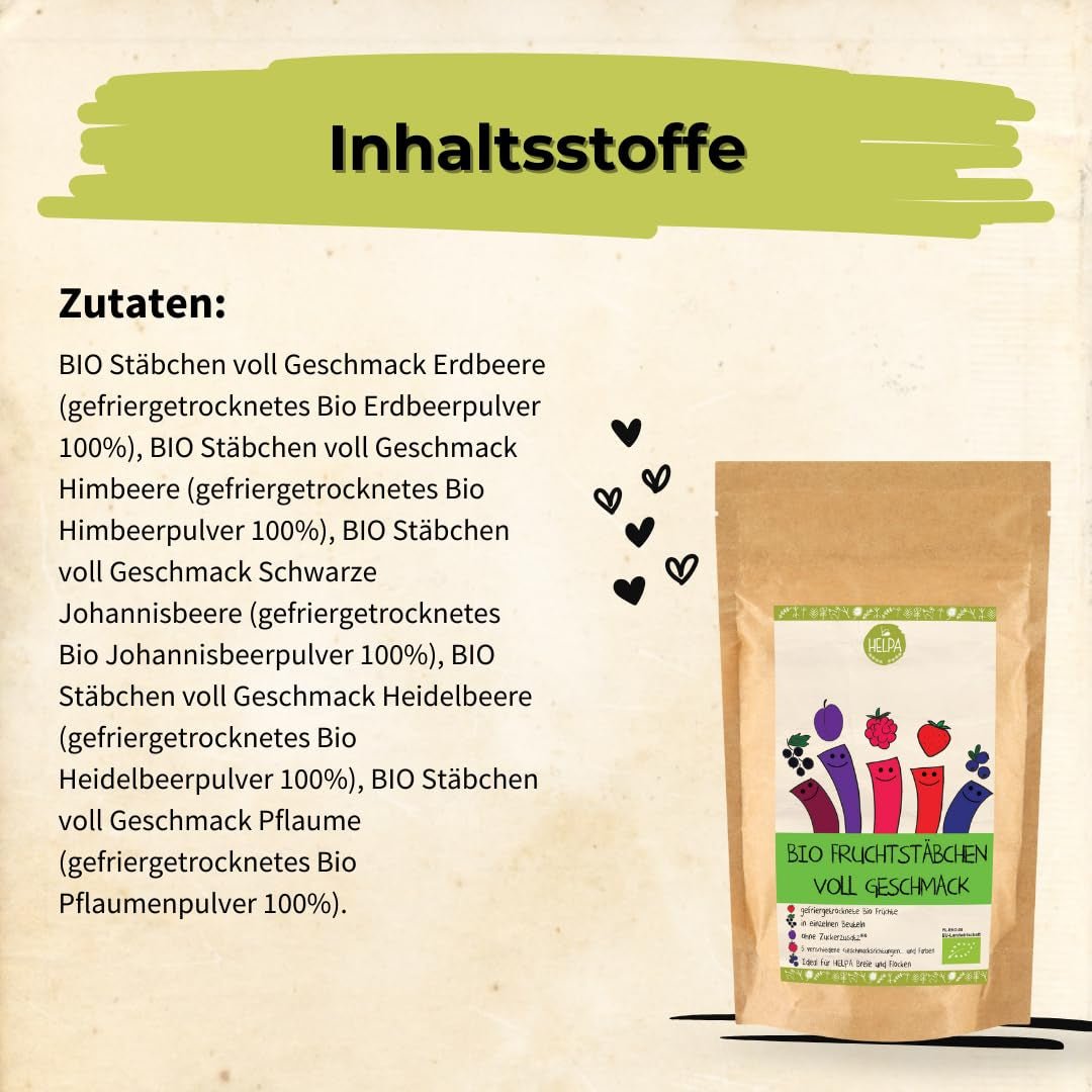 HELPA BIO Beutel mit Fruchtpulver - fruchtige Geschmacksrichtungen - Früchte - Erdbeeren - Himbeeren - Heidelbeeren - Pflaumen - schwarze Johannisbeeren - 100 % gefriergetrocknete Früchte - Babynahrung Dehydrierte Produkte Naty Shop