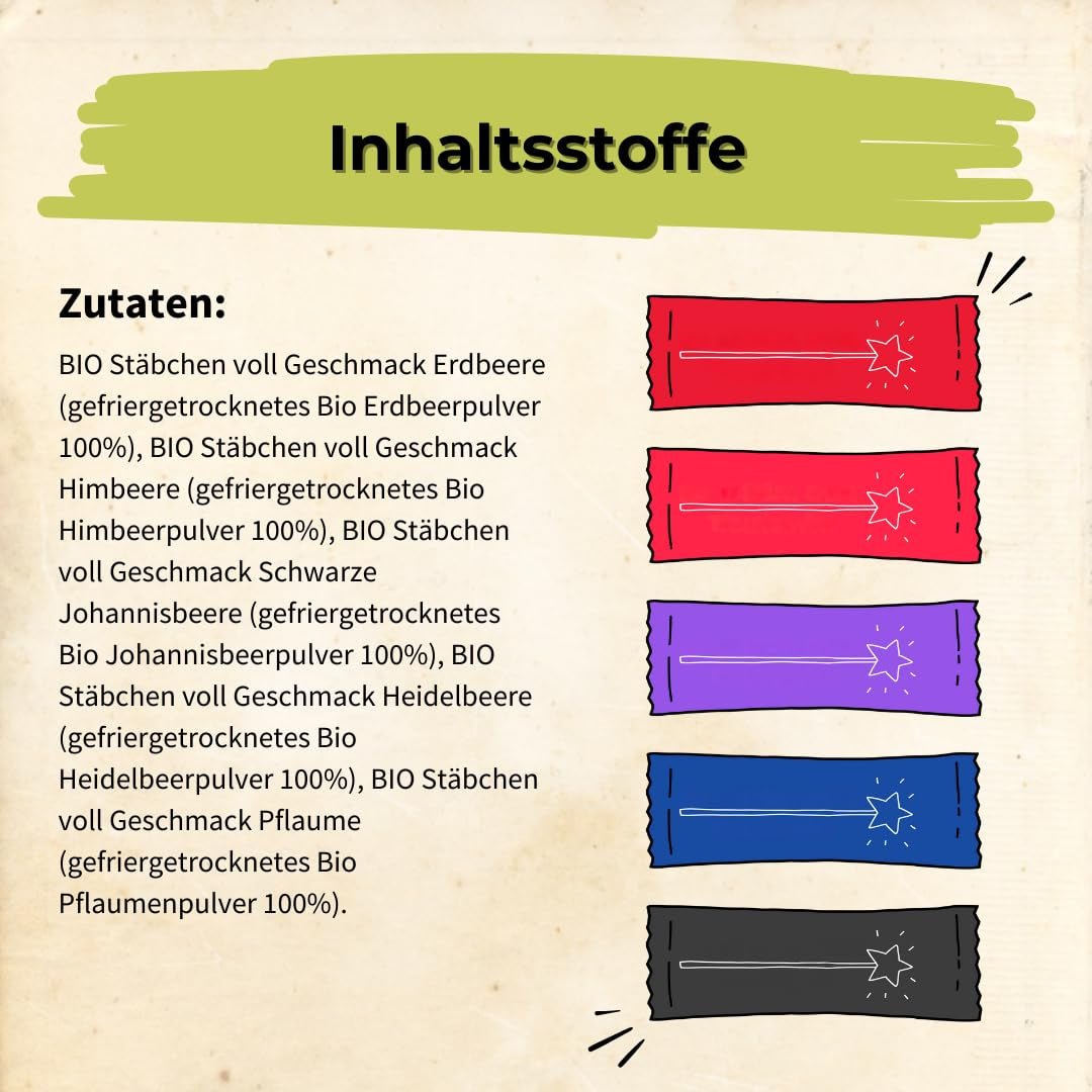 HELPA BIO Beutel mit Fruchtpulver - fruchtige Geschmacksrichtungen - Früchte - Erdbeeren - Himbeeren - Heidelbeeren - Pflaumen - schwarze Johannisbeeren - 100 % gefriergetrocknete Früchte - Babynahrung Dehydrierte Produkte Naty Shop