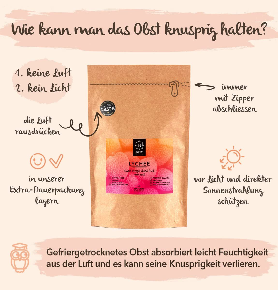 Getrocknete Litschi BRIX | Natürliche Litschi, getrocknet 95 g | Great Taste Award für Trockenfrüchte | GVO-frei, glutenfrei, vegan, konservierte Vitamine Naty Shop dehydrierte Produkte