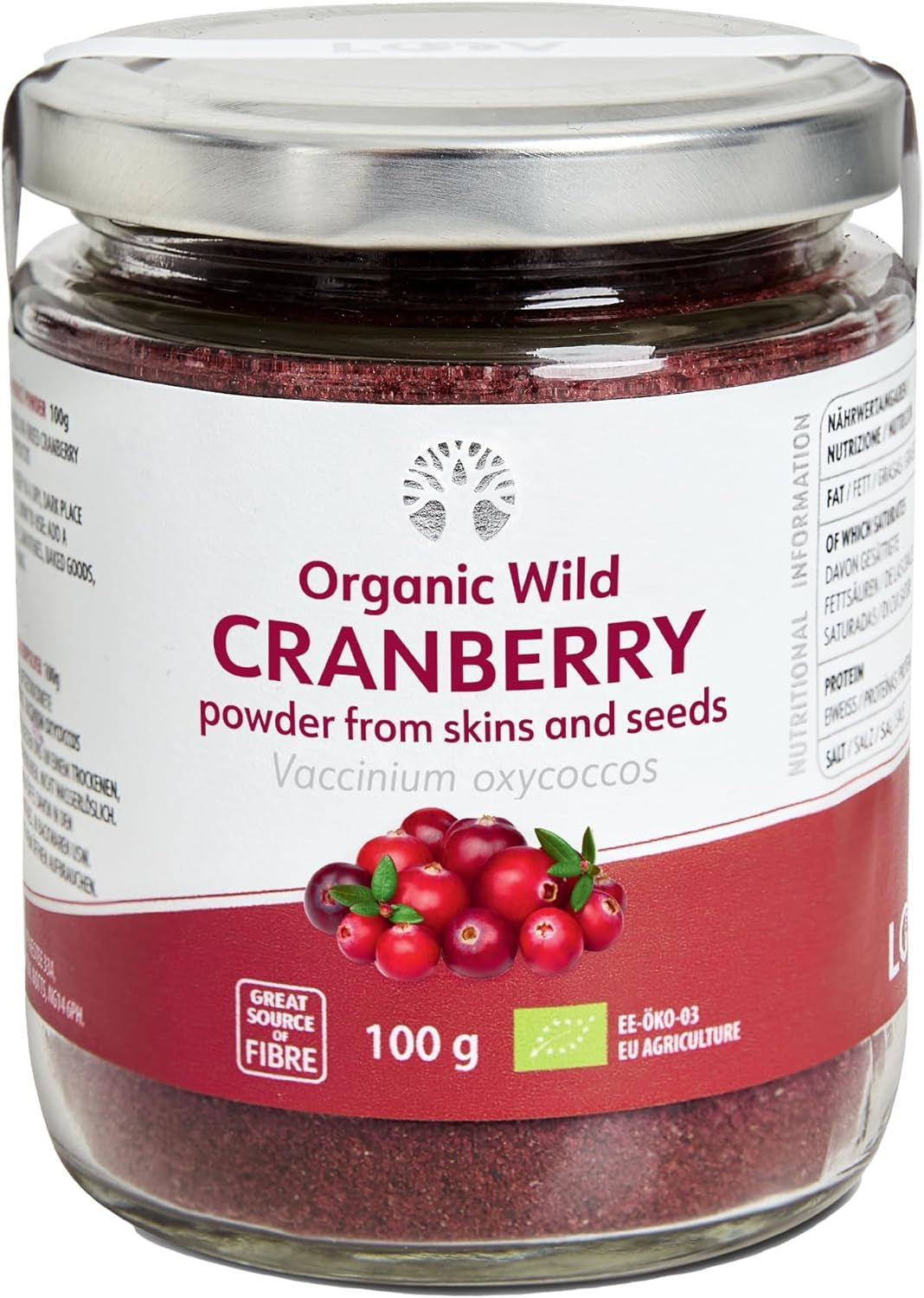 LOOV Bio-Blaubeerpulver, hergestellt aus 100 % ganzen gefriergetrockneten Wildheidelbeeren, geerntet in den Wäldern Nordeuropas, 113 g, ohne Zuckerzusatz, dehydrierte Produkte, Naty Shop, 100 g Cranberry-Kleie-Pulver