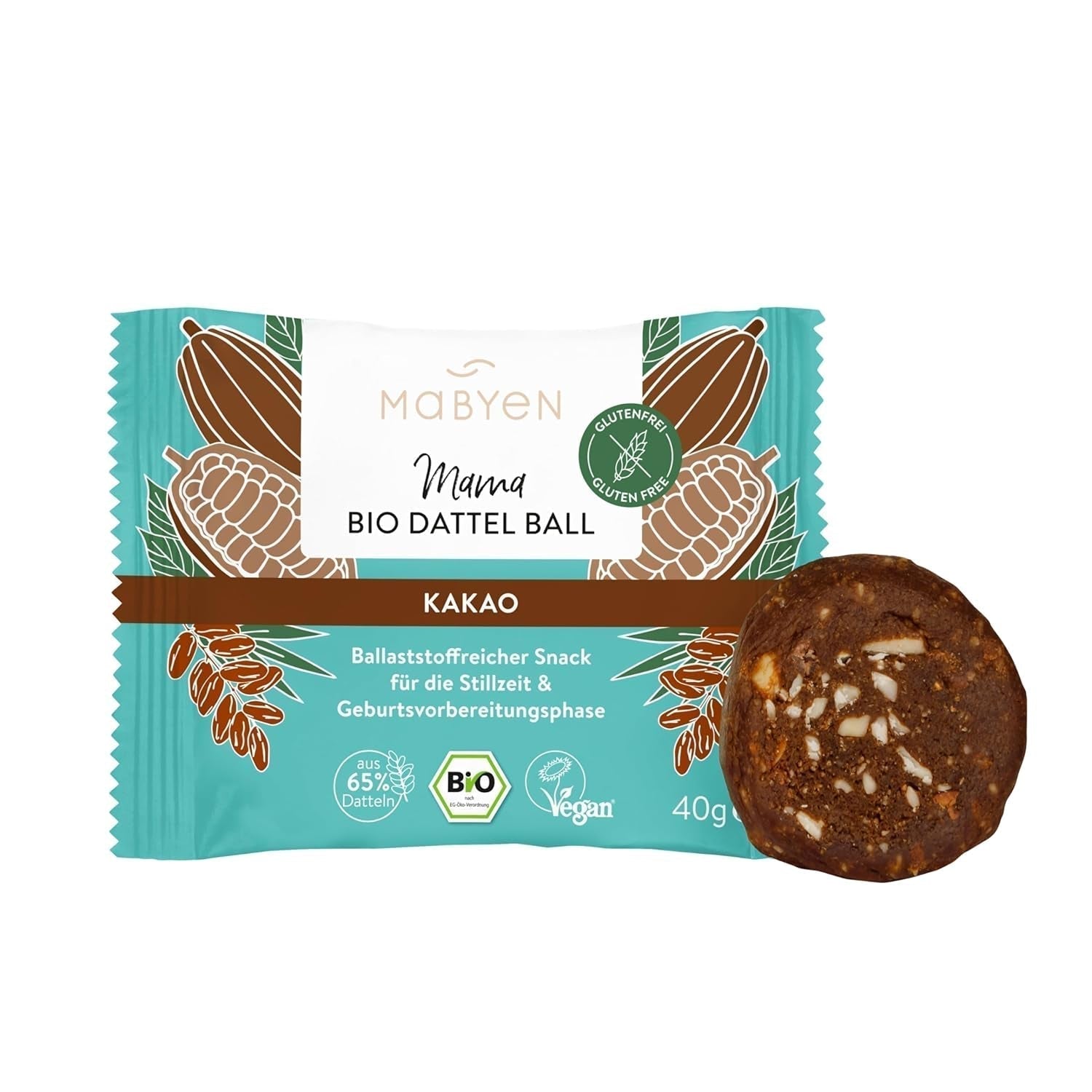 MABYEN Energy Balls Dattel Bio 20 Stk. | Dattelbällchen – Gesunde zuckerfreie Snacks für Schwangerschaft und Stillzeit – Proteinriegel mit Trockenfrüchten – Kakaogeschmack Dehydrierte Produkte Naty Shop