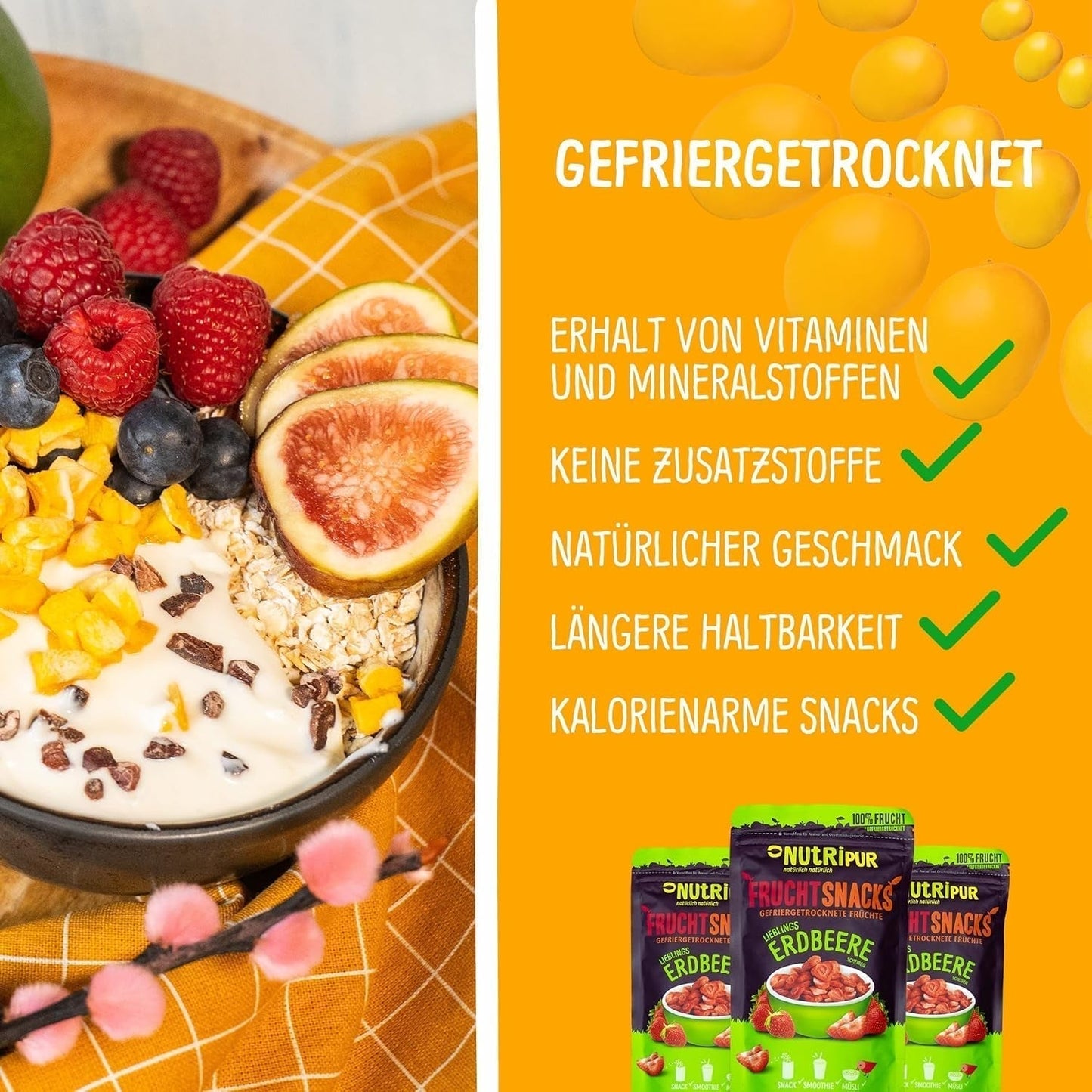 Gefriergetrocknete Mango: 100g gefriergetrocknete Früchte aus zarten Mangostücken ohne Zuckerzusatz - getrocknete Mango - getrocknete Mango - Trockenfrüchte - Trockenfrüchte von NutriPur Dehydrierte Produkte Naty Shop