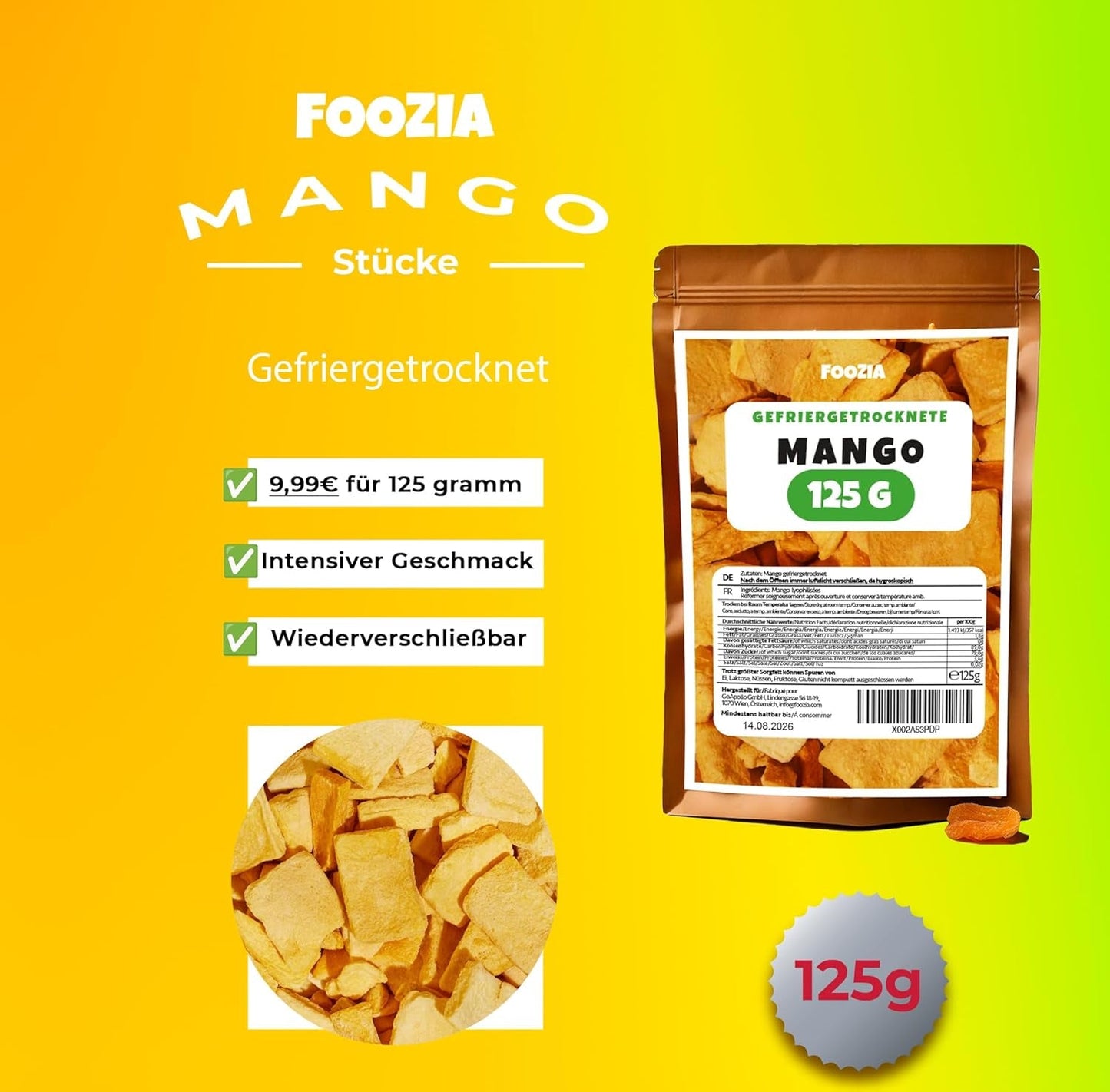 Gefriergetrocknete Mango, große Stücke. Gefriergetrocknete Früchte. Keine Zusatzstoffe. 100 % reine natürliche Mango. Gefriergetrocknete Mango. Getrocknete Früchte. Getrocknete Mango 125 g von Foozia (125 g). Dehydrierte Produkte. Naty Shop