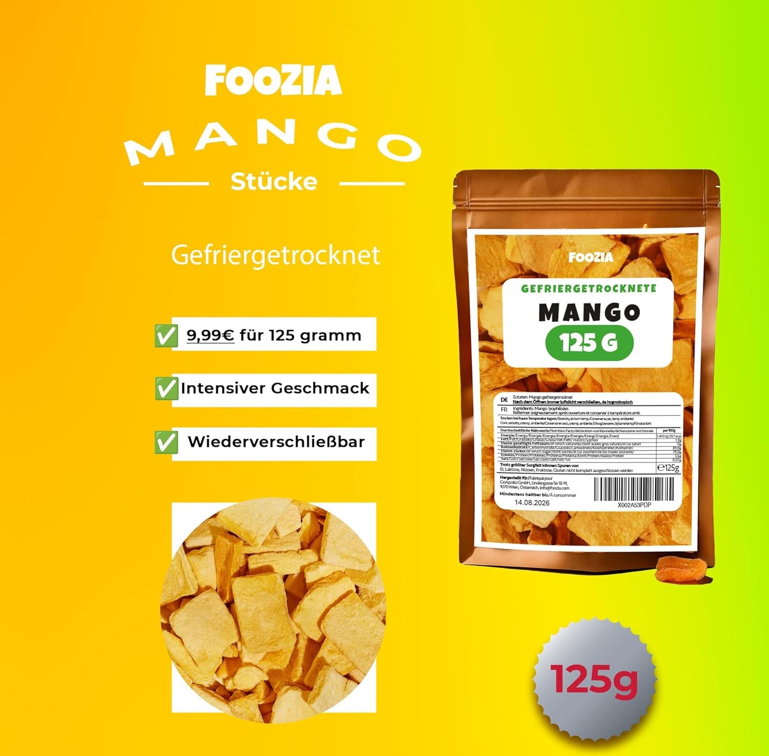 Gefriergetrocknete Mango, große Stücke. Gefriergetrocknete Früchte. Keine Zusatzstoffe. 100 % reine natürliche Mango. Gefriergetrocknete Mango. Getrocknete Früchte. Getrocknete Mango 125 g von Foozia (125 g). Dehydrierte Produkte. Naty Shop